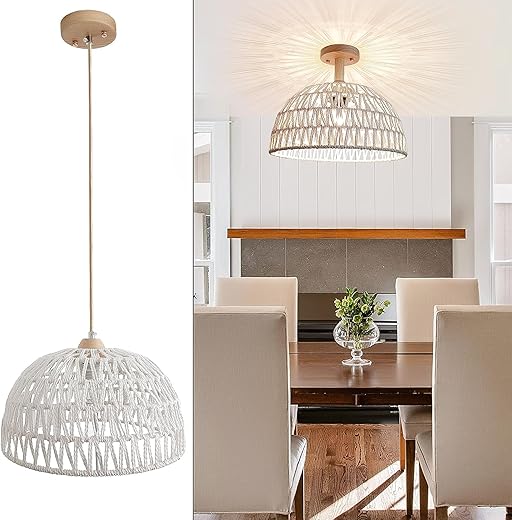 Hängelampe Rattan, Boho Vintage Pendelleuchte, Rustikal Retro Hängeleuchte Geflochten Lampenschirm Pendellampe Esstisch E27 Esszimmerlampe Hängend für Esszimmer Wohnzimmer...