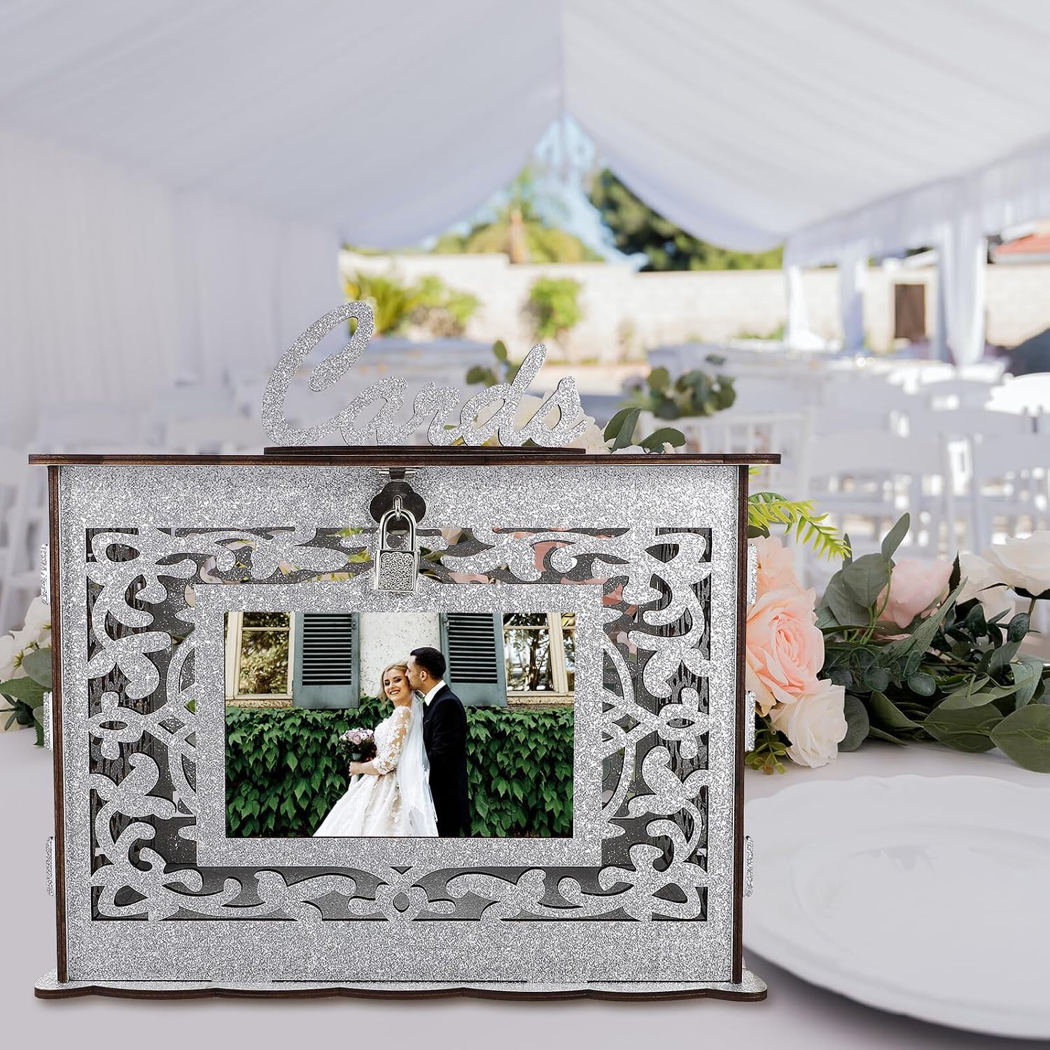 Tofficu Wooden Wedding Card Box with Slot and Hollow Design, Rustic DIY Greeting Cards Container for Reception and Party Decor,