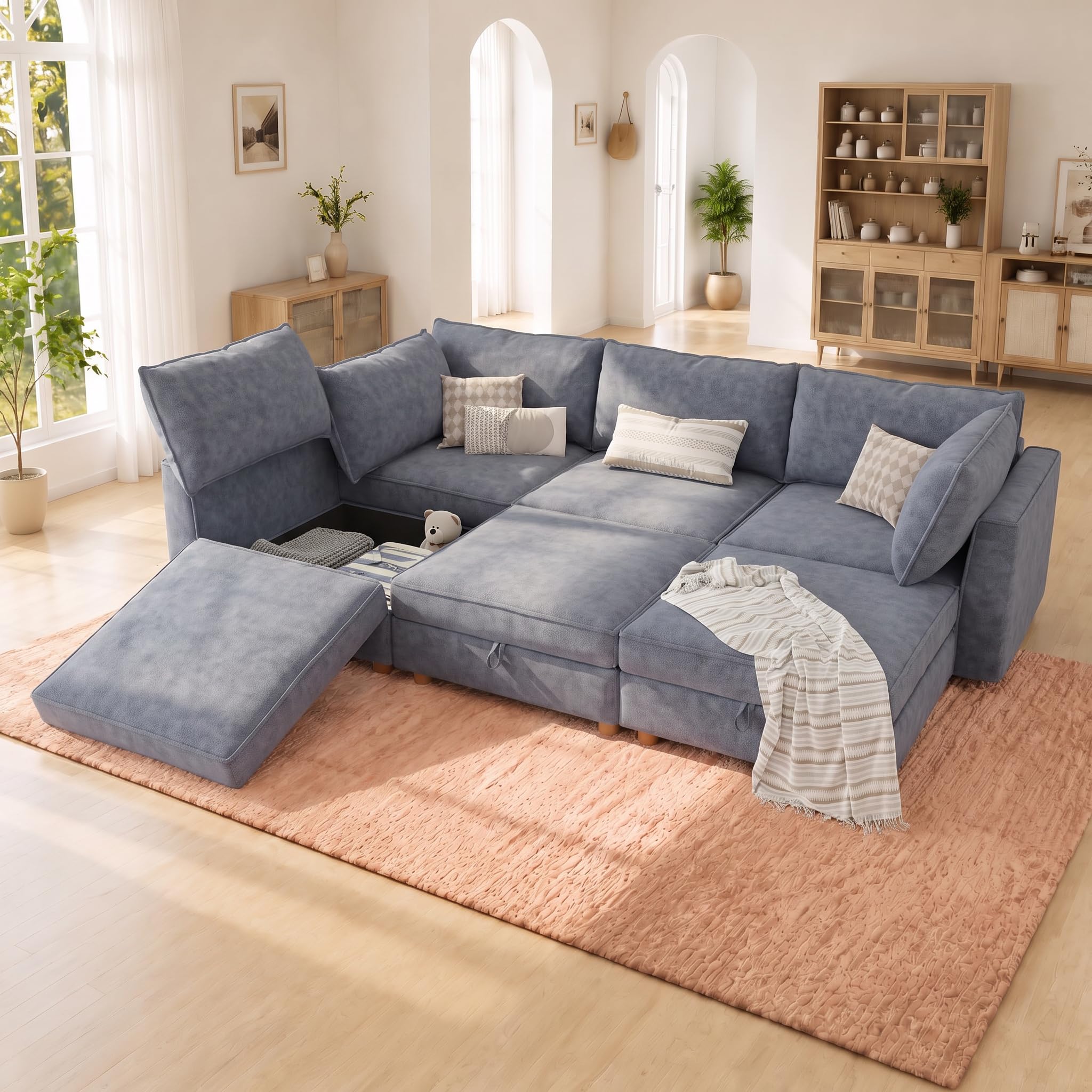 99" Chenille Modular Sofa Bed with Washable Covers &amp; Storage, 6-Seater Modular Sectional Sleeper Sofa Bed with Movable Ottoman Chaise, Convertible Sleeper Sectional Couches for Living Room, Gray