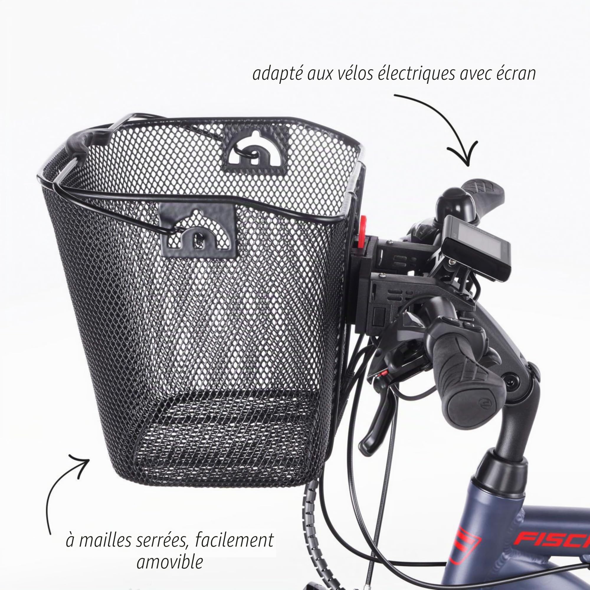 Panier de guidon Fischer avec fixation rapide, spécialement conçu pour les vélos électriques, capacité de charge 5 kg, compatible avec tous les écrans courants d'une largeur de 9 cm, entre autres pour