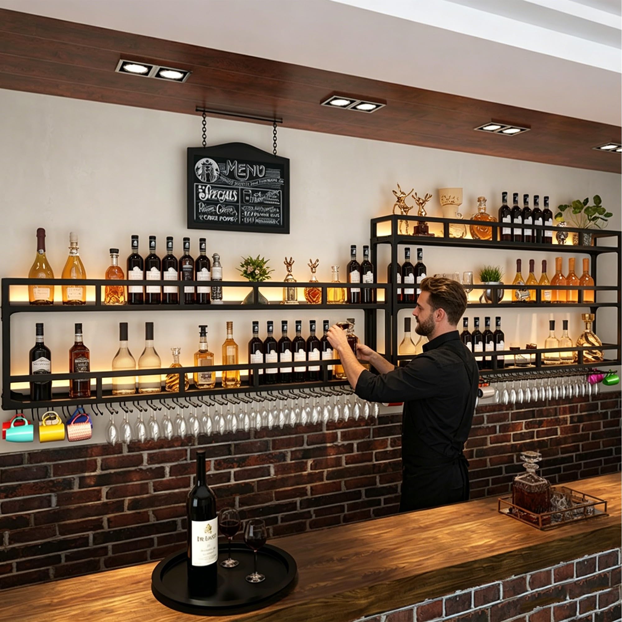 Moderne Weinregal Metall Regal Bar Wand mit Weinglashalter für Bar Restaurants Wohnzimmer Küche(Black-2layers,100cm(39.37in))