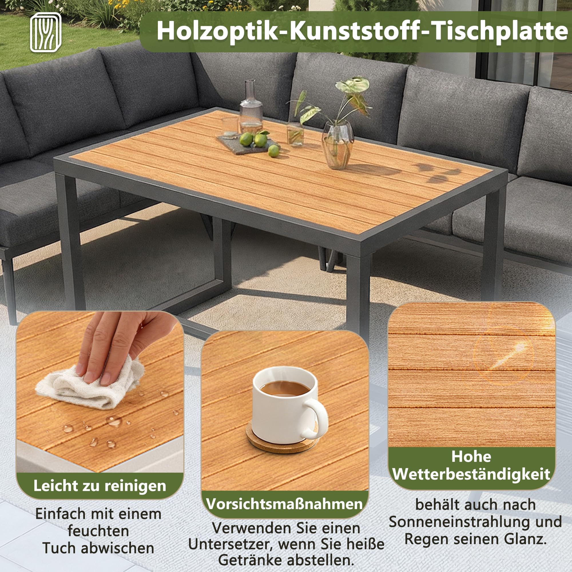 Set di mobili da giardino per 7 persone, fune, grande tavolo con venature del legno, con struttura in ferro zincato, gambe regolabili, tutti i cuscini per seduta e schienale inclusi (grigio)