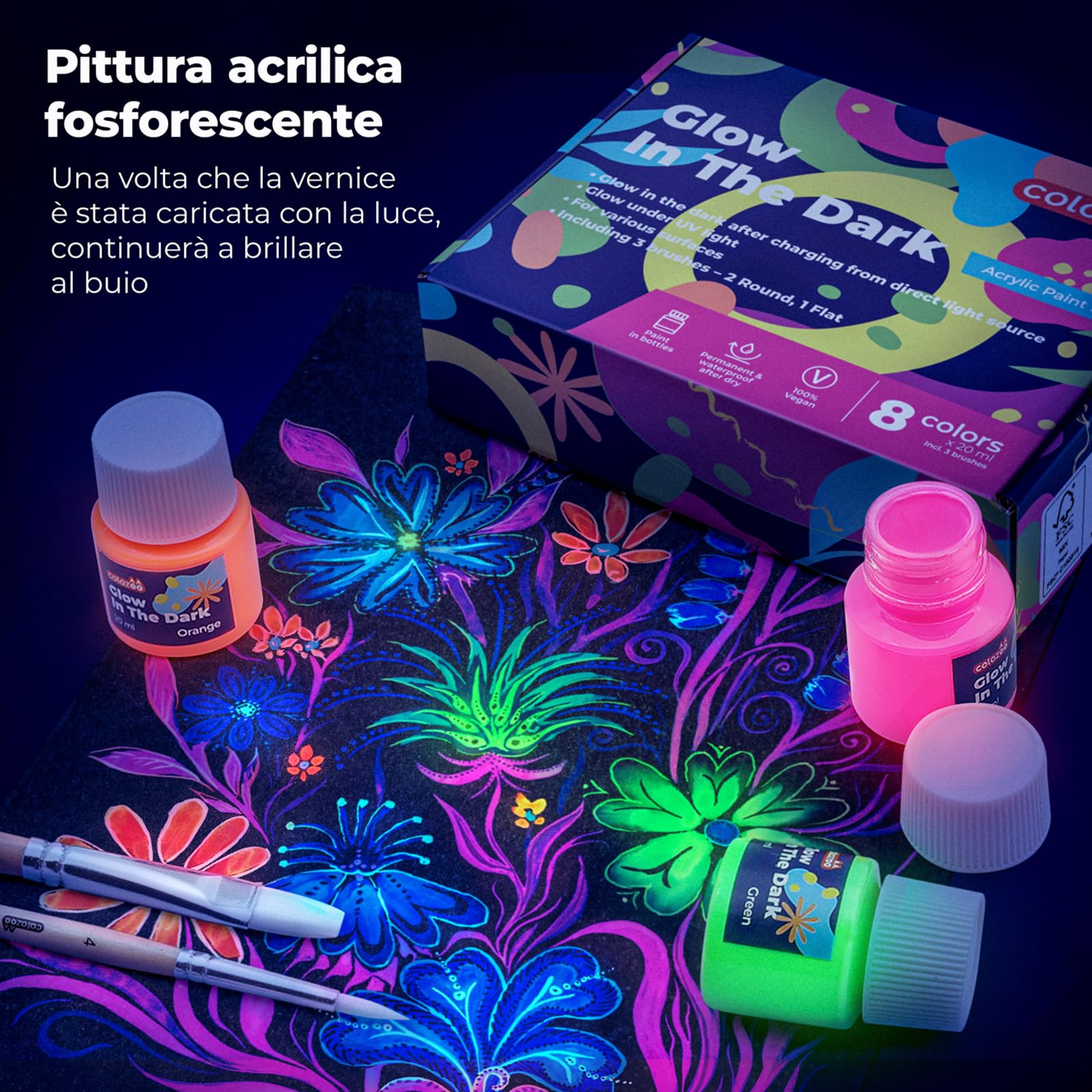 colozoo Set di colori acrilici fosforescenti 8x20ml luminosi +3 pennelli | brillano al buio sono durevoli su qualsiasi superficie fluorescenti autoilluminanti