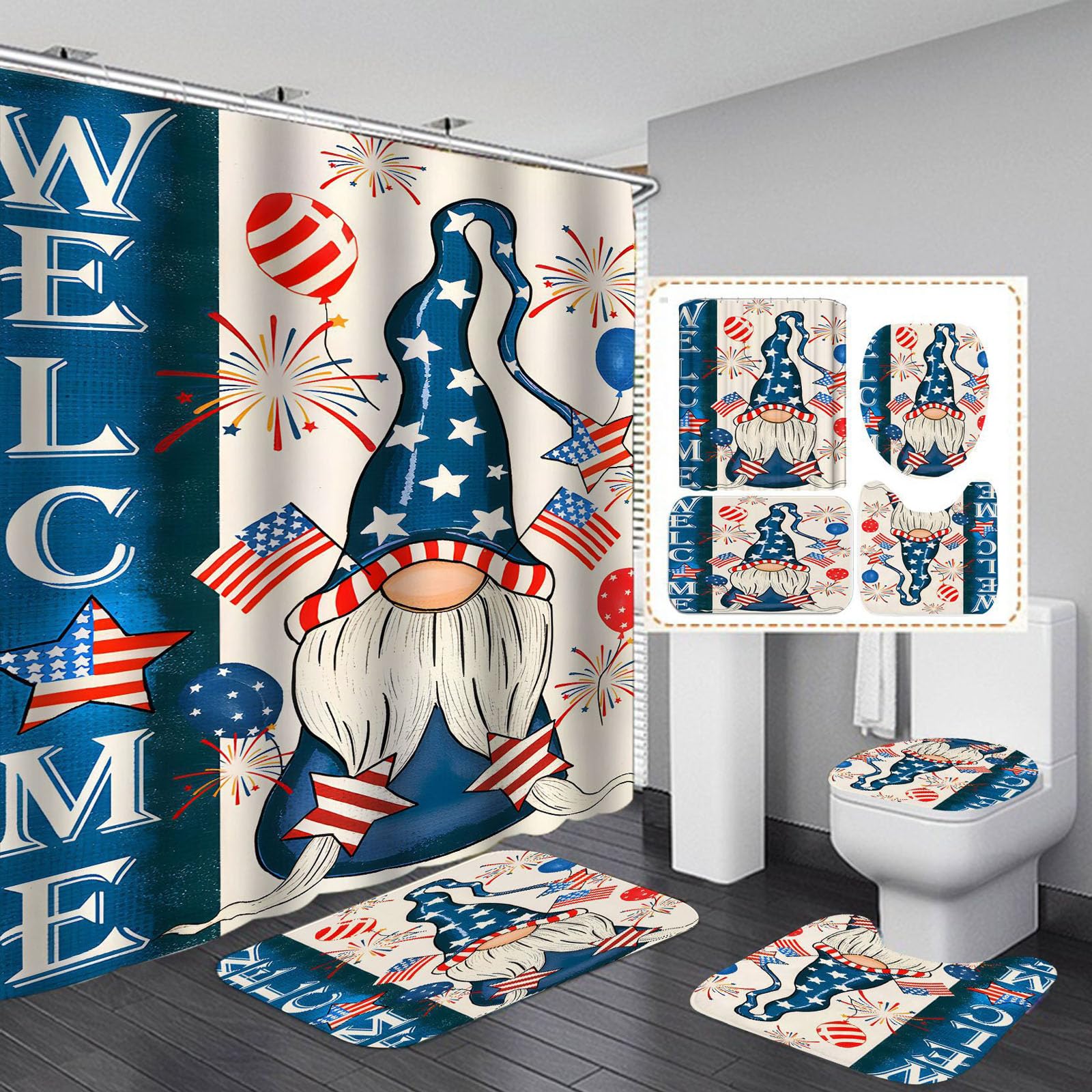 JStnana 4Pcs Patriotic Bthroom Decor Set with Shower Curtain, Non Slip Rugs,Bath Mat and Toilet Lid Cover, Red White and Blue Shower Curtains with 12