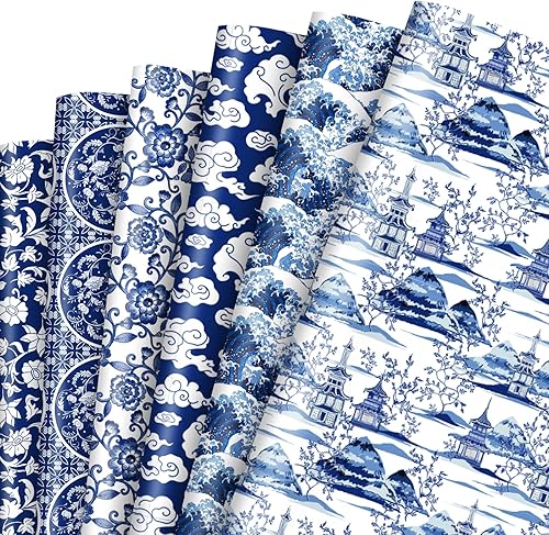 Whaline 12 hojas de papel de regalo chinoiserie azul y blanco, papel de regalo con elementos de porcelana a granel, papel de arte decorativo floral