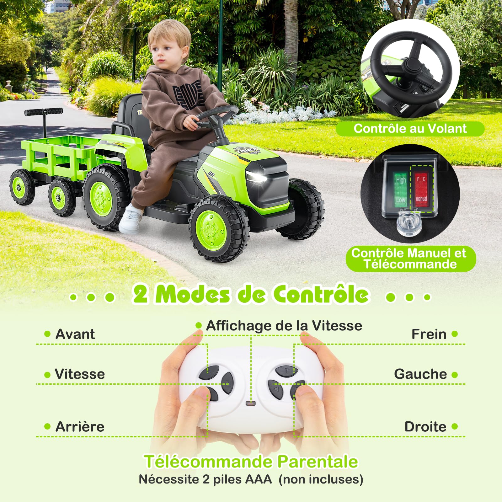 GOPLUS Tracteur Électrique Enfants 12V avec Remorque Détachable, Voiture Électrique Enfants Télécommandé avec Démarrage Arrêt Progressif, Lumières LED et Klaxon,Charge 30KG pour 3-8 Ans (Vert)