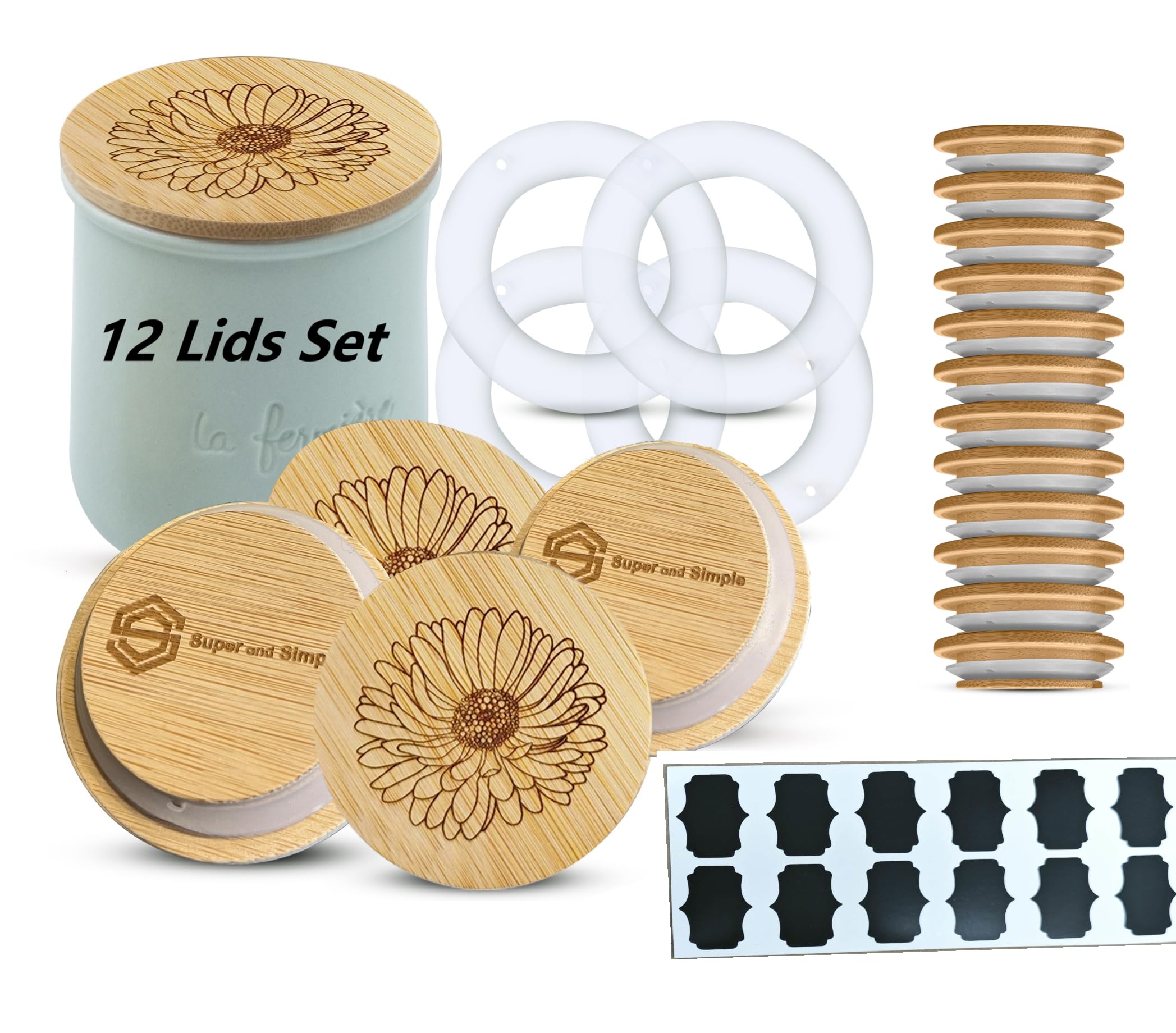 La Fermiere Yogurt Jar Lids Bamboo| 12 Pack Aster Flower Design