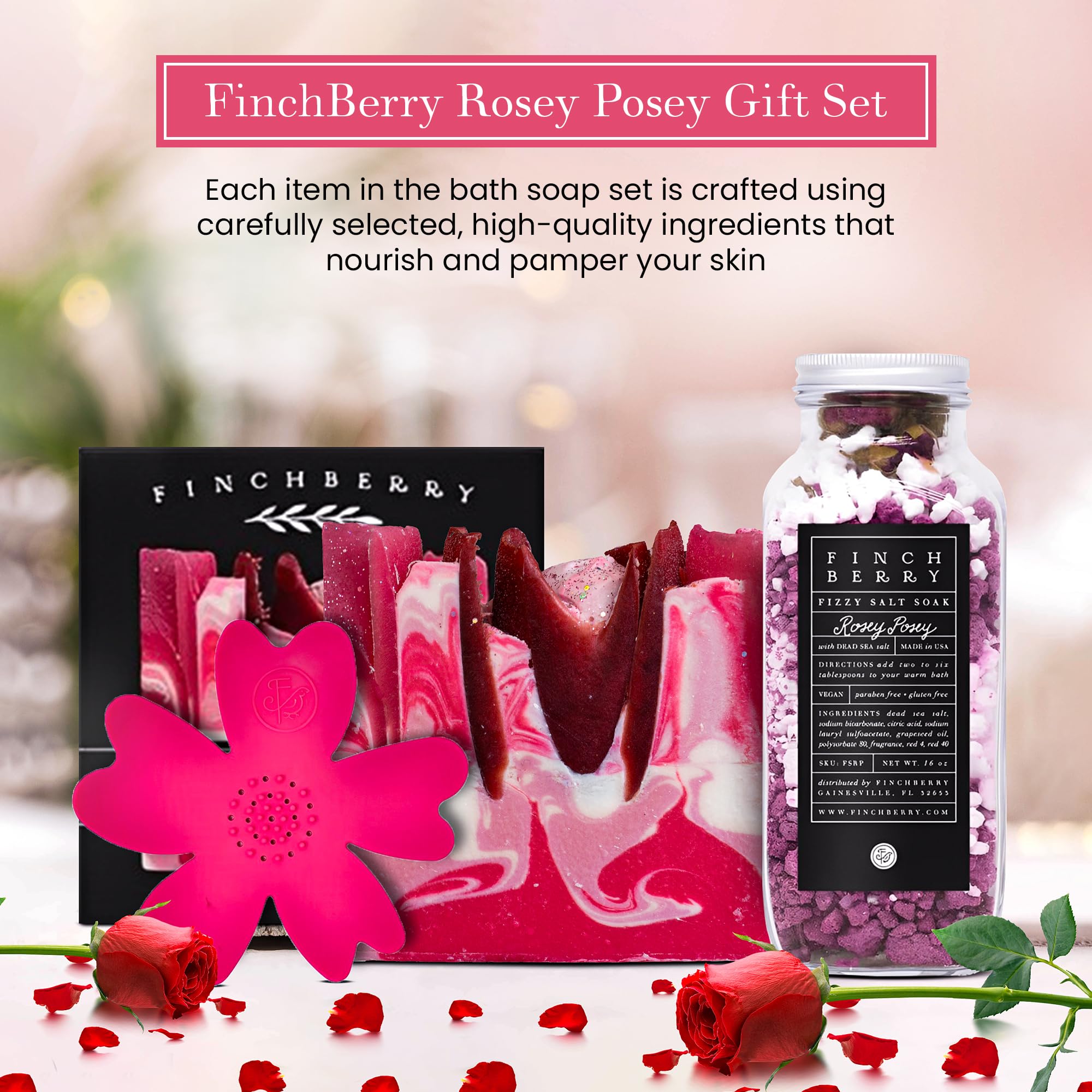 FinchBerry Rosey Posey Geschenkset – Ideal für romantische Anlässe, Jahrestag, Geburtstag, Frauentag, Einweihungsfeier oder für eine schnelle Genesung