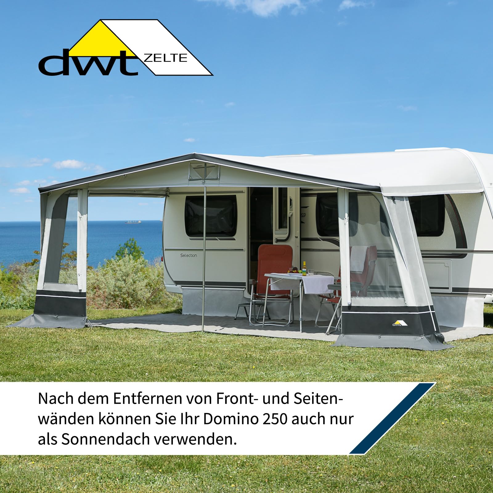 DWT Wohnwagen Vorzelt Domino 250 cm tief, Saisonzelt für Wohnwagen-Camping, Ganzzelt mit attraktiver Optik und Farbgestaltung