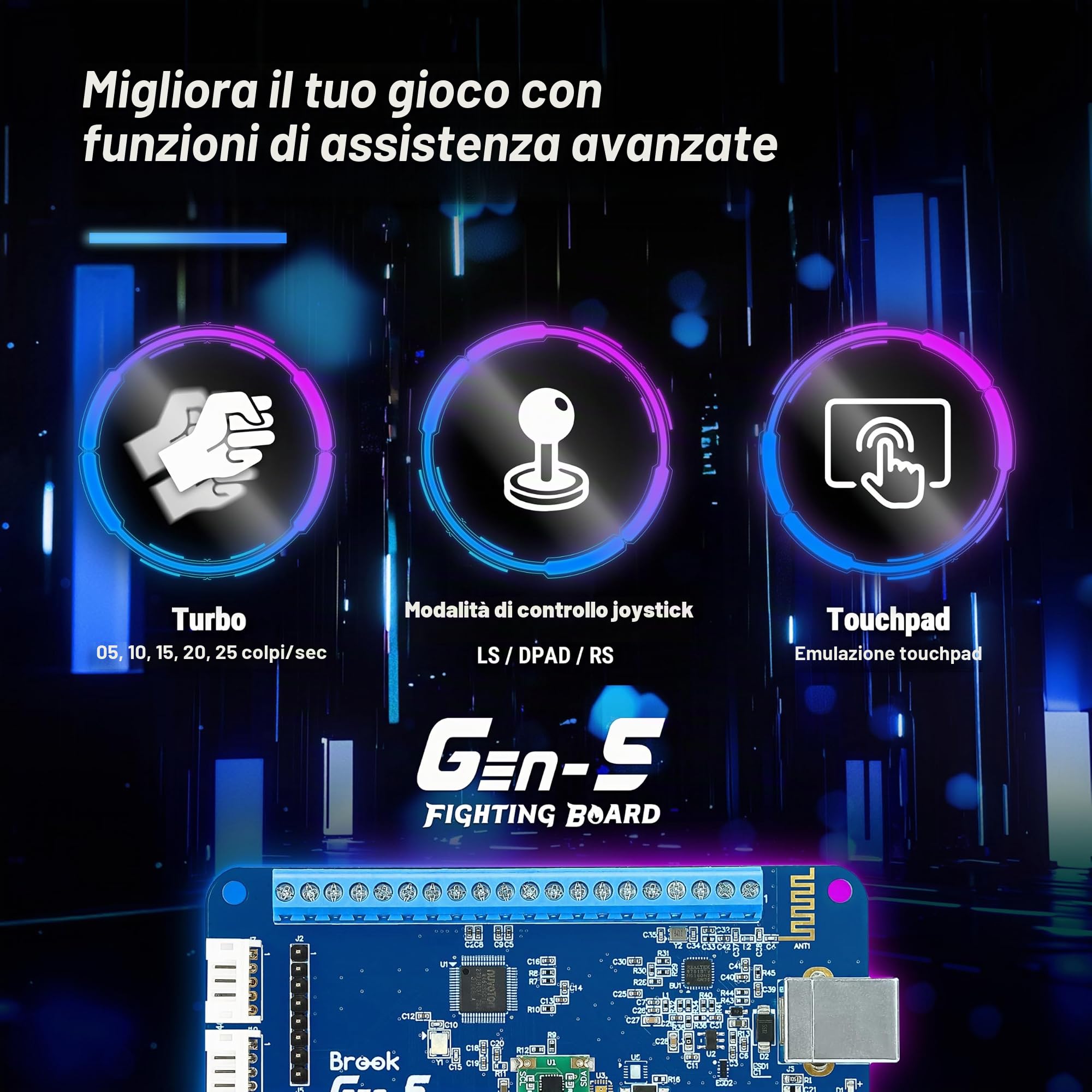 Brook Gaming GEN 5 Fighting Board con adesivo RGB - Supporto multipiattaforma per PS5, PS4, Switch, Switch 2 e PC - Ingresso ultraveloce per il gioco competitivo 【Versione esclusiva】