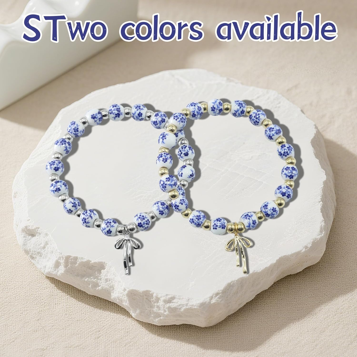 2Pcs Bow Charm Beaded Bracelets,Elegant Blue and White Beaded Bracelet for Women – Floral and Bow Design, Vintage Style Stretch Bracelet - Image 6