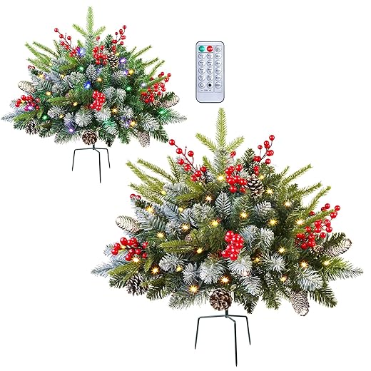 Set of 2 18 Inch Lighted Outdoor Christmas Tree with Remote, Timer, Multi-Color Lights, Battery Operated Pre-lit Frosted Pathway Urn Filler, Christmas Porch Decorations for Home, Porch & Yard