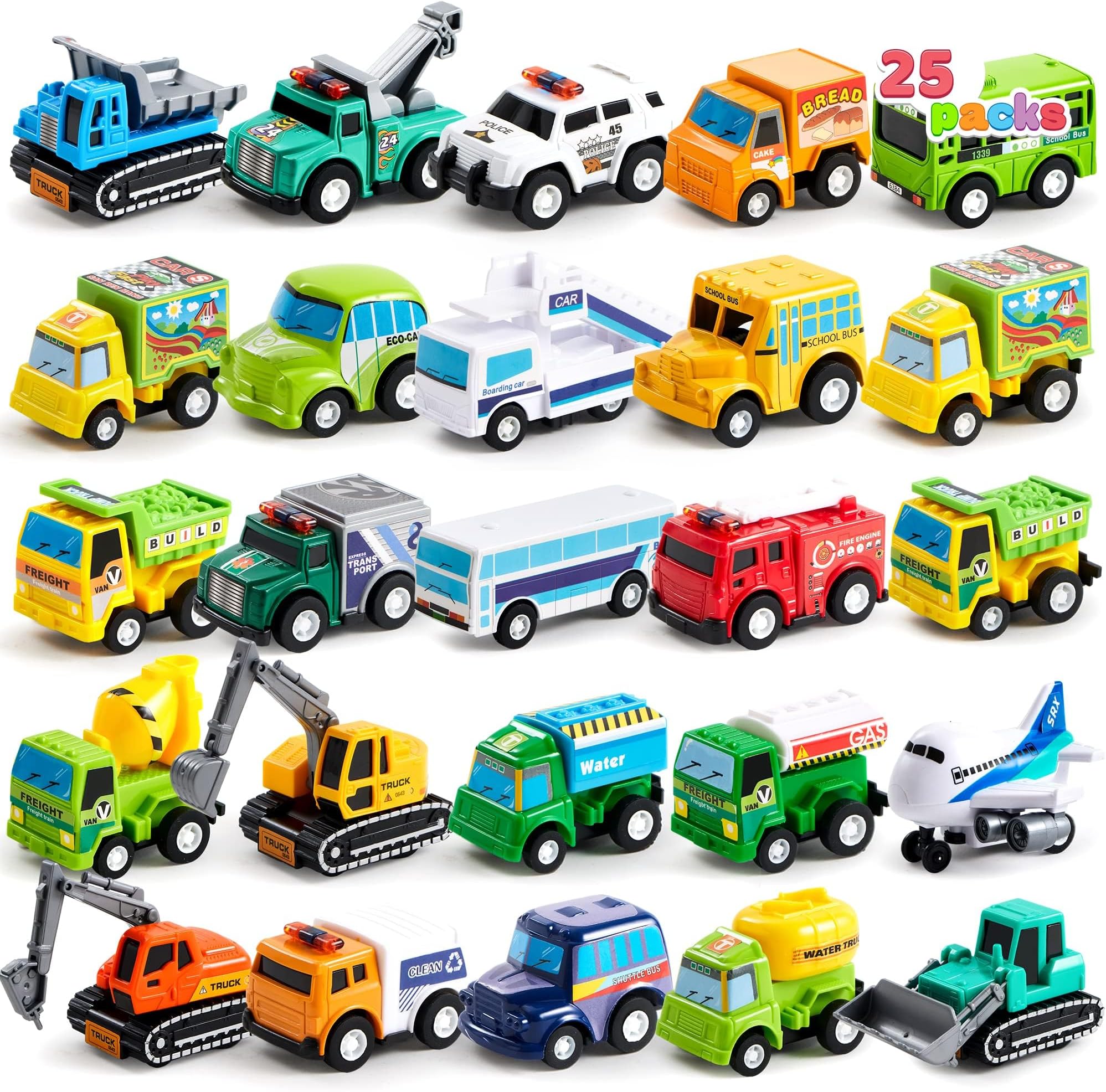 JOYIN 25 Piece Pull Back Cars and Trucks Toy Vehicles Model Car Set for Toddlers, Girls and Boys Kids Play Set, Die-Cast Car Set