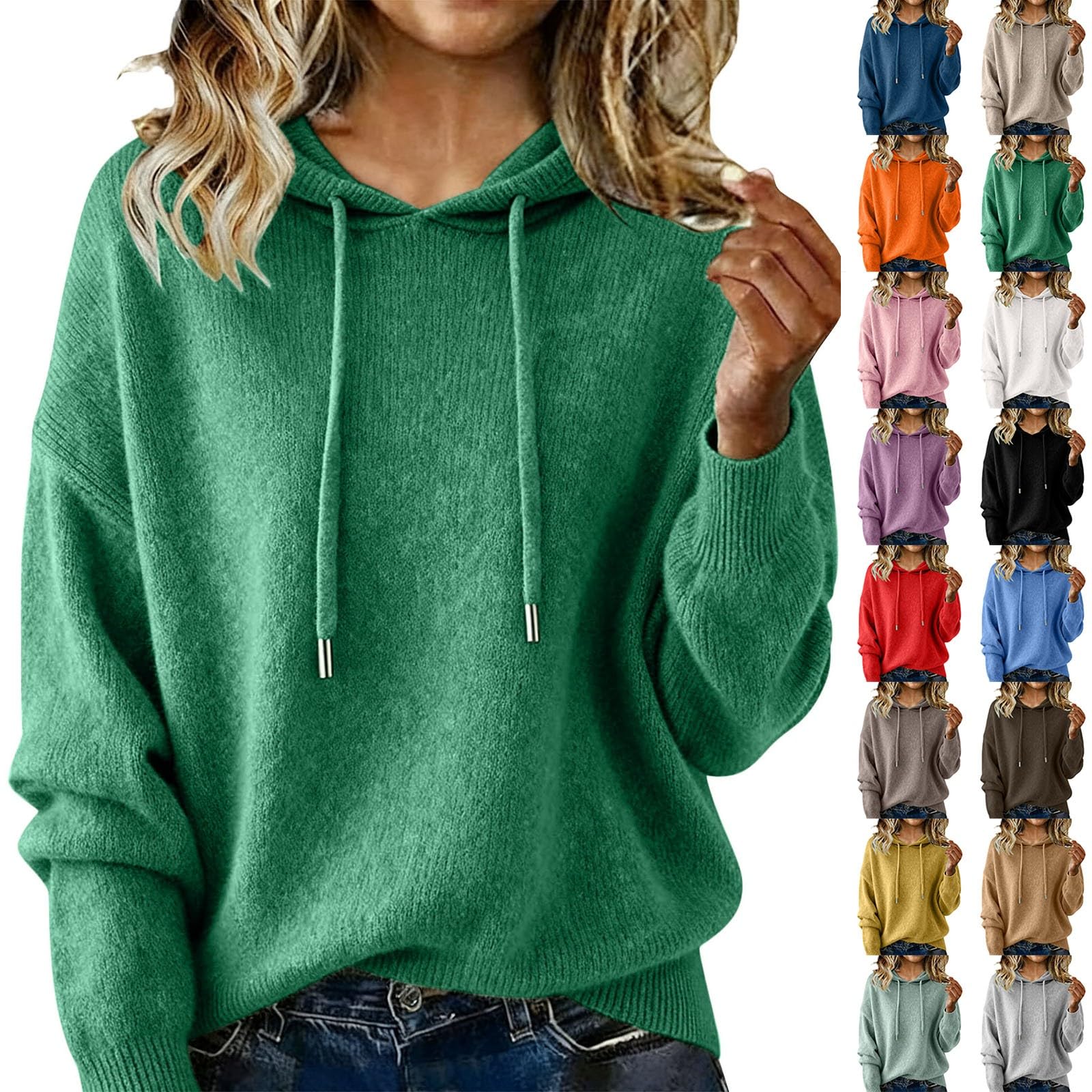 Warm Cashmere Sweaters for Women Crew Neck Soft Wool Hoodies Winter Cozy Knitted Oversized Drawstring Hooded Pullover