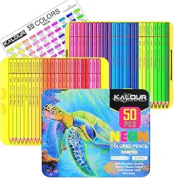 KALOUR PDAS 50 lápis de cor neon para livros de colorir adultos, conjunto de lápis de desenho profissional de cor fluorescente, kit de materiais de arte para artistas iniciantes e adultos, núcleo