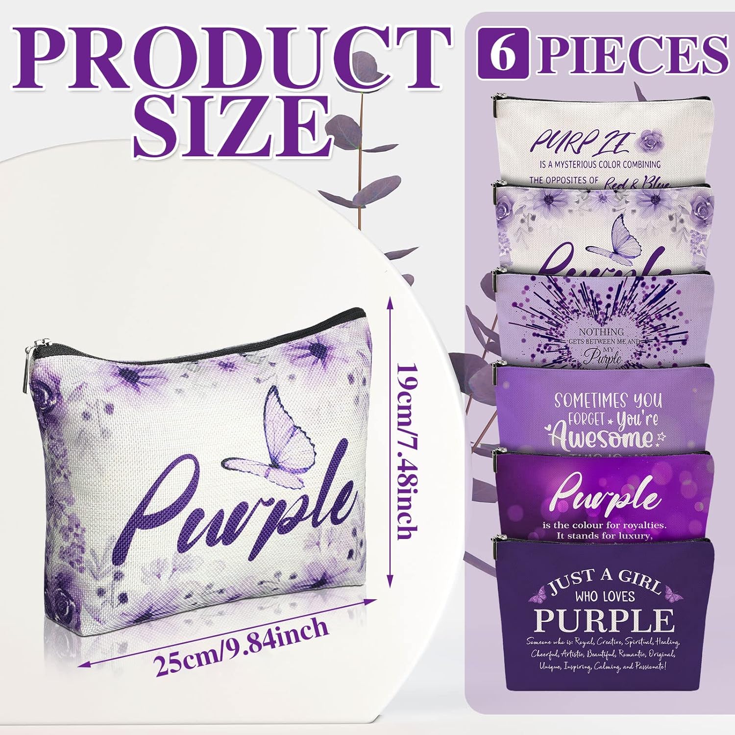 Hillban 6 Pcs Purple Makeup Bag Gifts Inspirational Purple Zipper Cosmetic Pouch Lover Gift Makeup Toiletry Bag for Women Travel Birthday - Image 2