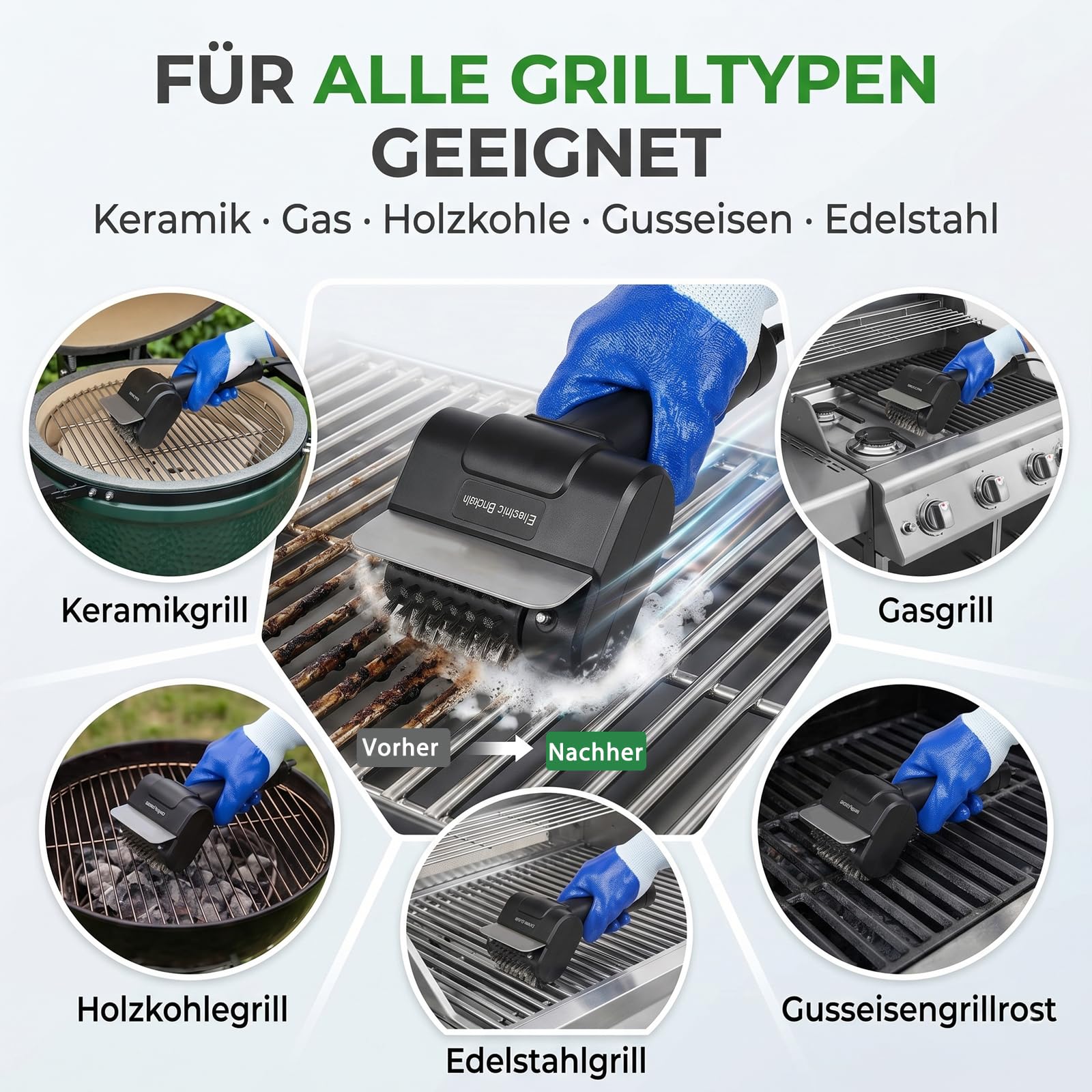 Elektrisches Grillbürstenkabelloser Reiniger mit 2000mAh Akku, 550U/min Motor & Doppelsicherheitsschloss, Kabelloser BBQ Grillreiniger mit 2 Edelstahl-Bürstenköpfen Type-C Ladung für Grillrost