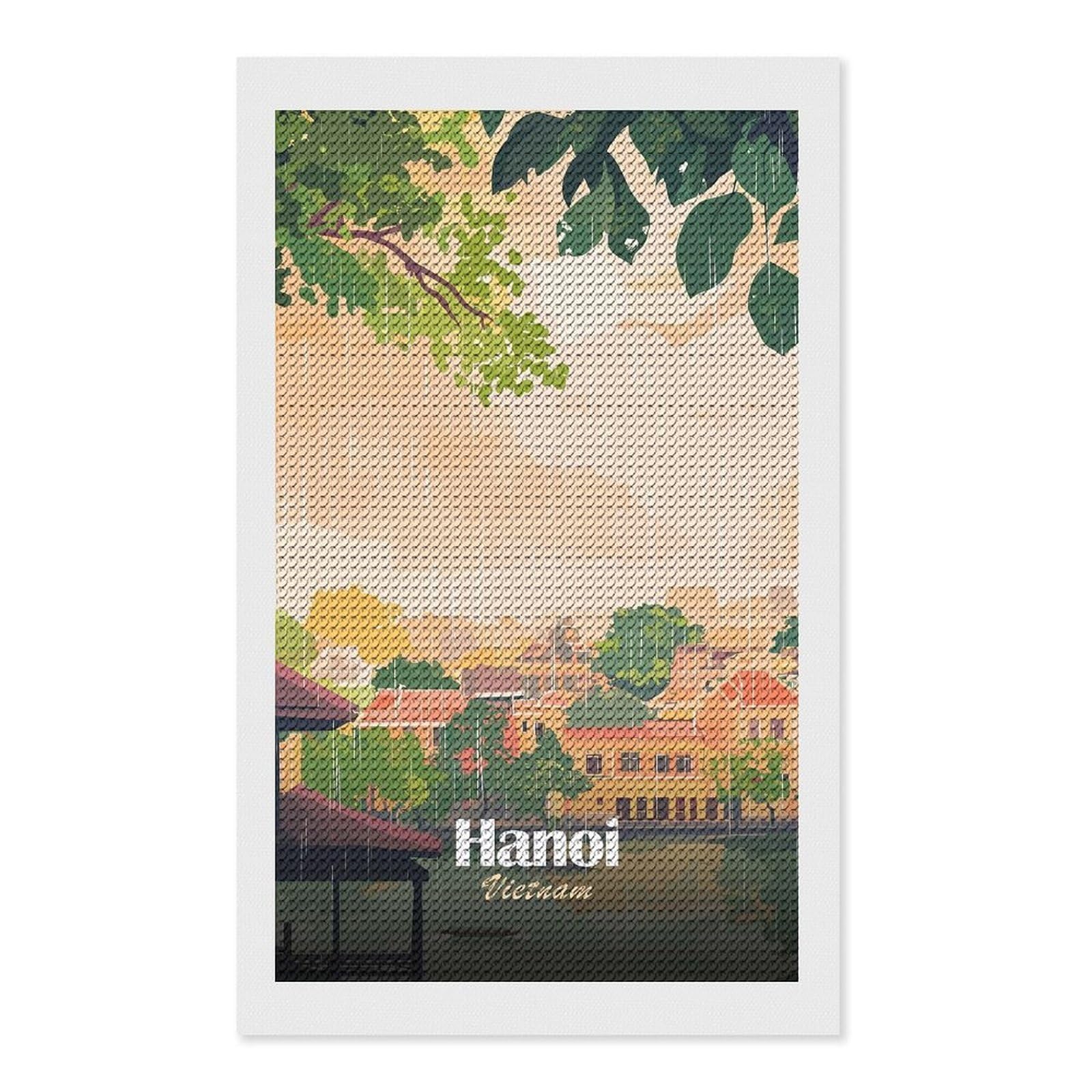 Junmoney Hanoi, Vietnam in The Rain Diamond Painting Canvas Set 12"x20", Full Kit Included, Calming Craft to Unwind, Farmhouse Decor, Christmas Gift