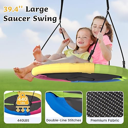 Miniatura 5 de EROMMY Columpio de platillo con marco para niños al aire libre, juegos de columpio de 440 libras para patio trasero con platillo de 39.4 pulgadas y