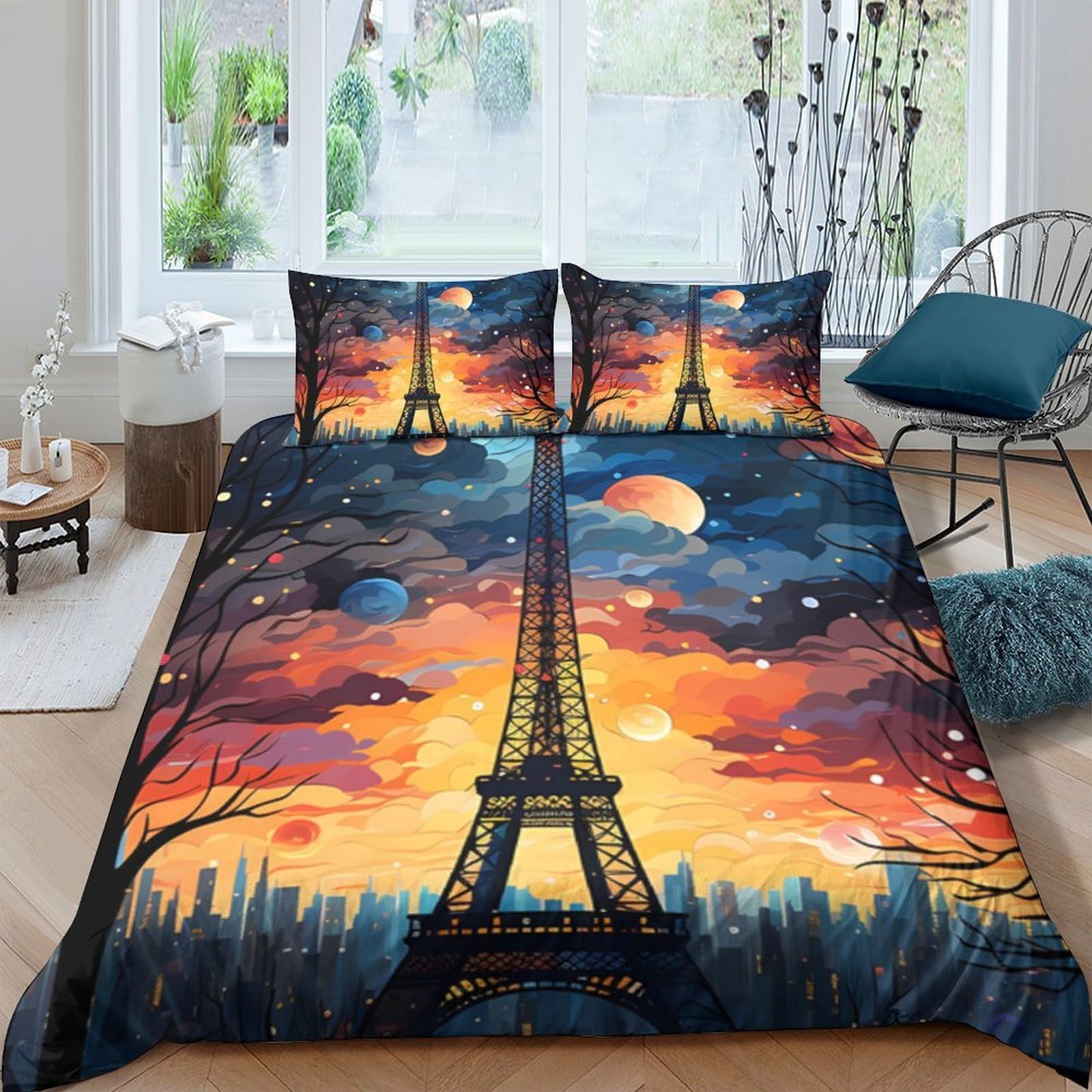 Ctjqhvkz Style-9 3D Printed Sunset Eiffel Tower Fitted Sheet Microfiber Soft Artistic Paris Night Mattress Cover For Bedroom Decor Single（135X200cm）