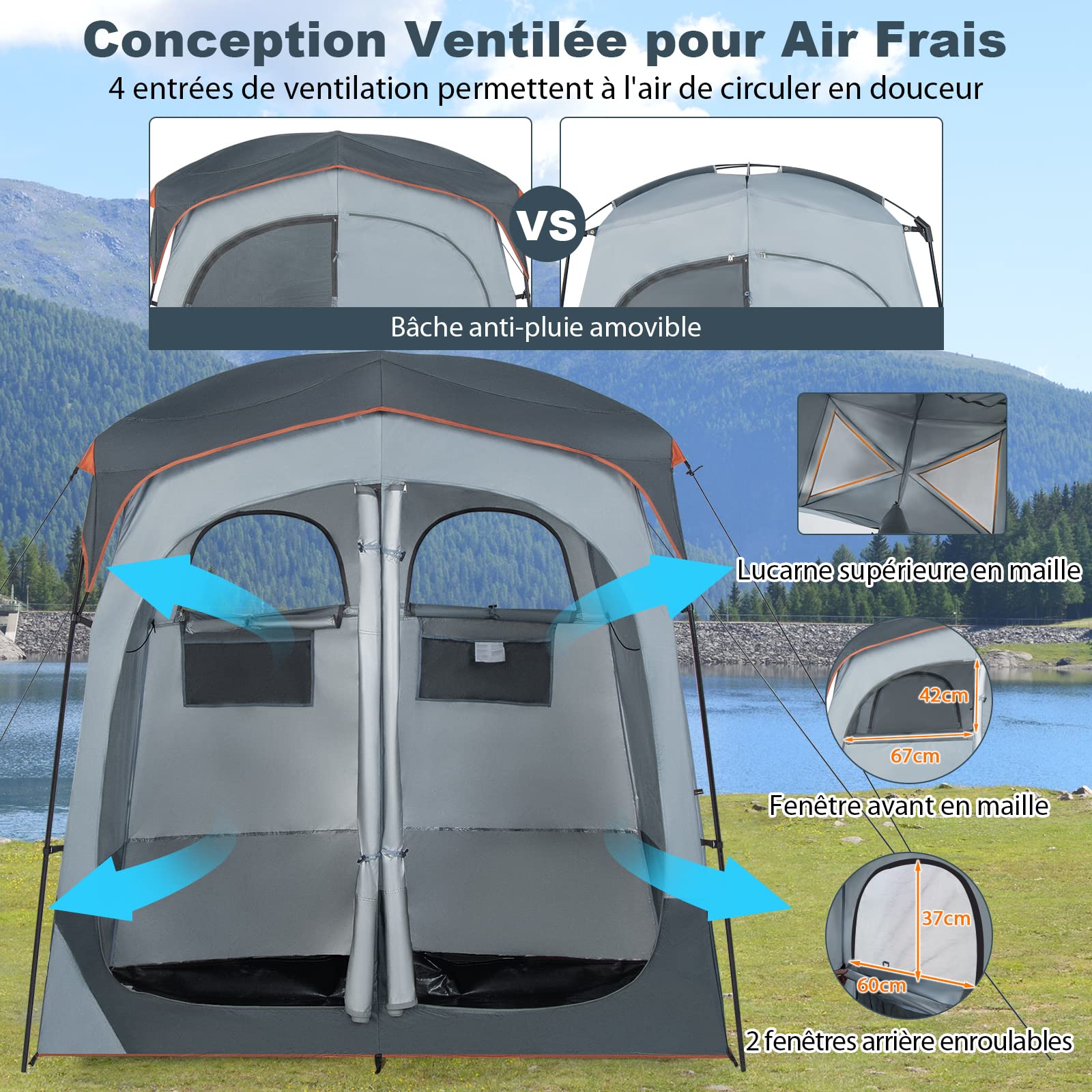 COSTWAY Tente de Douche de Camping pour 2 Personnes avec Bâche de Pluie Amovible, Tente de Vestiaire Portable en 2 Parties avec Sac de Transport Corde à Linge 210x107x210CM