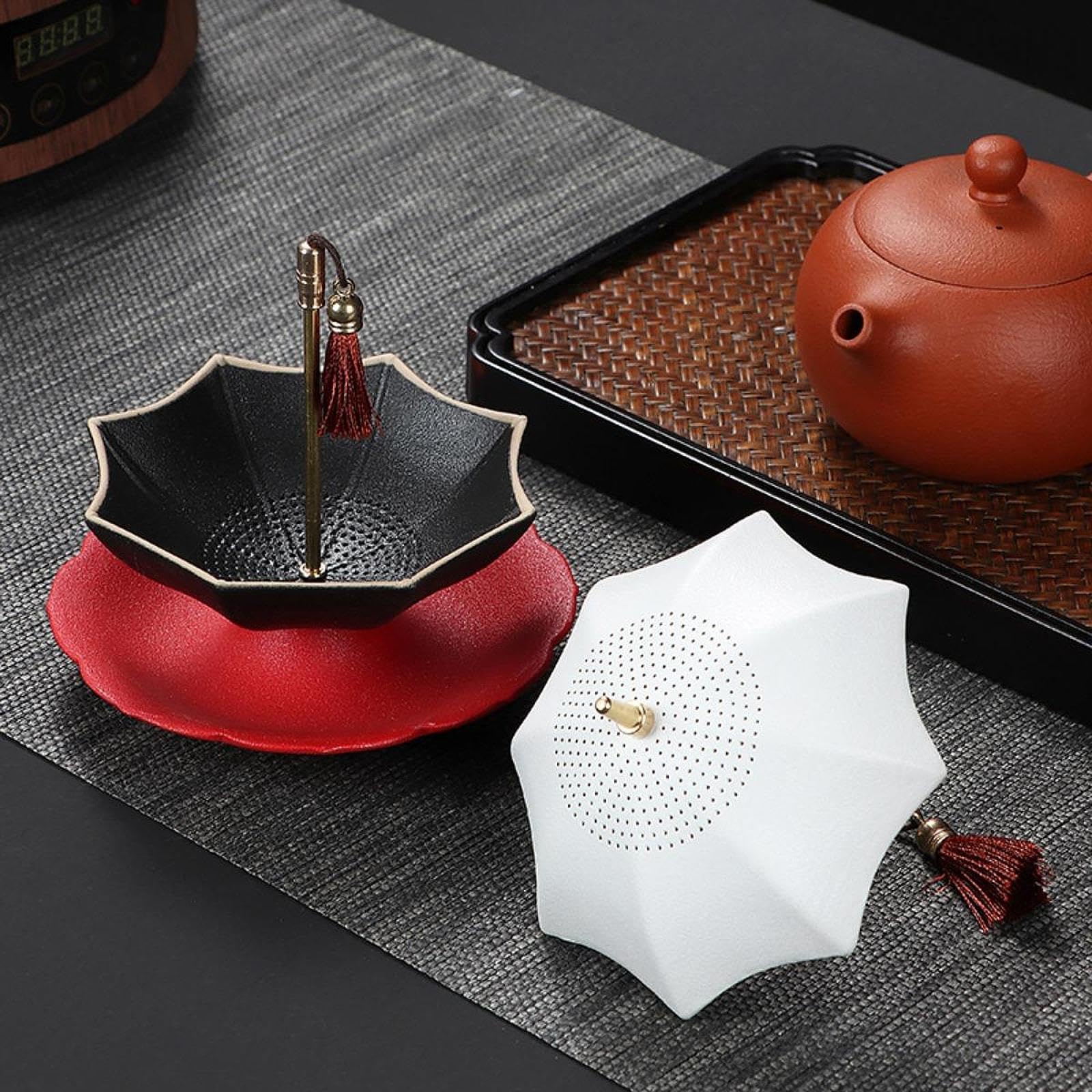 Colador de Té de Cerámica en Forma de con Diseño Creativo y Detalles Decorativos Filtro para Accesorio para Mesa de Kung Fu, Rojo, tal como se describe