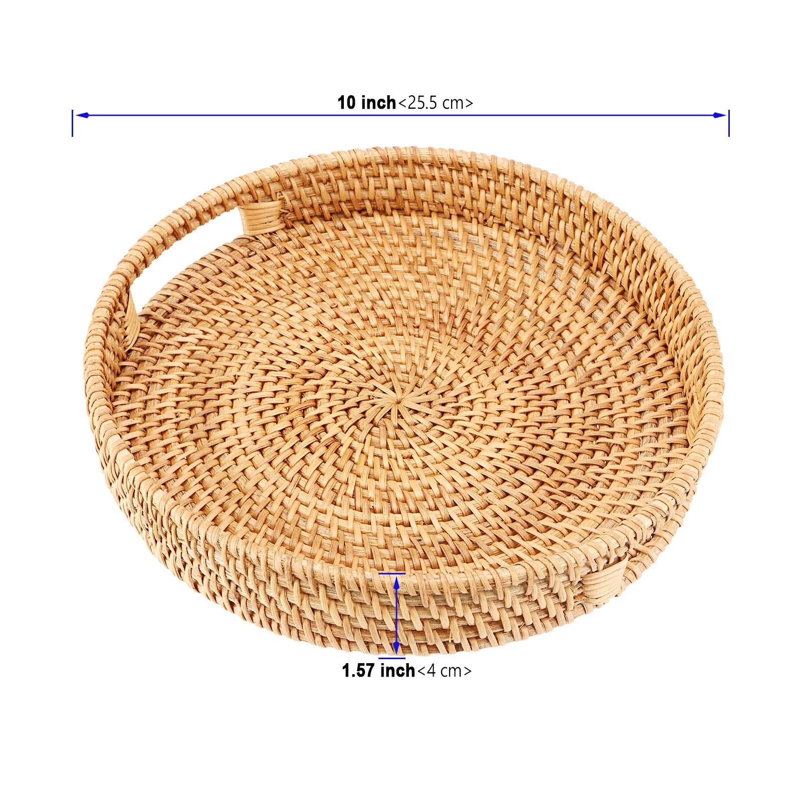 Bandeja redonda de ratán tejida de 25 cm, bandeja redonda grande de ratán con asas, bandeja organizadora de escritorio de mesa natural, cesta tejida decorativa para aperitivos, pan, bebidas,