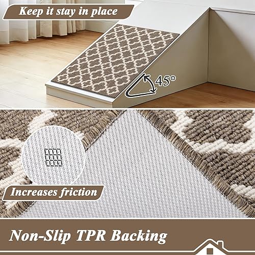 Vista 4 de U'Artlines Alfombra de pasillo para pasillo de 2 x 3 pies, antideslizante, alfombra de piso de cocina, patrón geométrico marrón, lavable a máquina