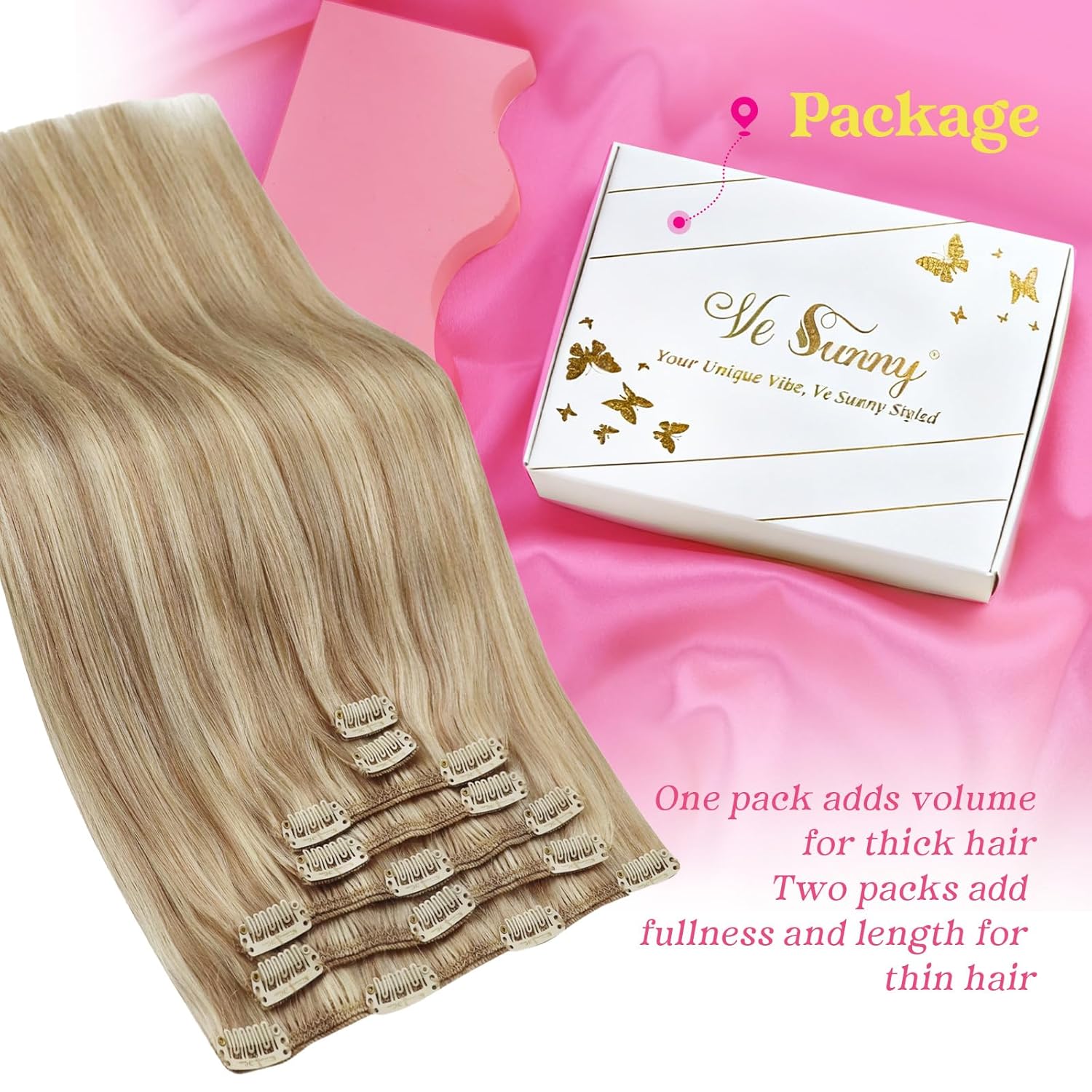 Ve Sunny Clip in Hair Extensions Highlights Human Hair Clip in Extensions Dark Ash Blonde Highlights Light Blonde Hair Extensions Clip ins Short Straight Flexible Hair for Women 7pcs 14inch 105g