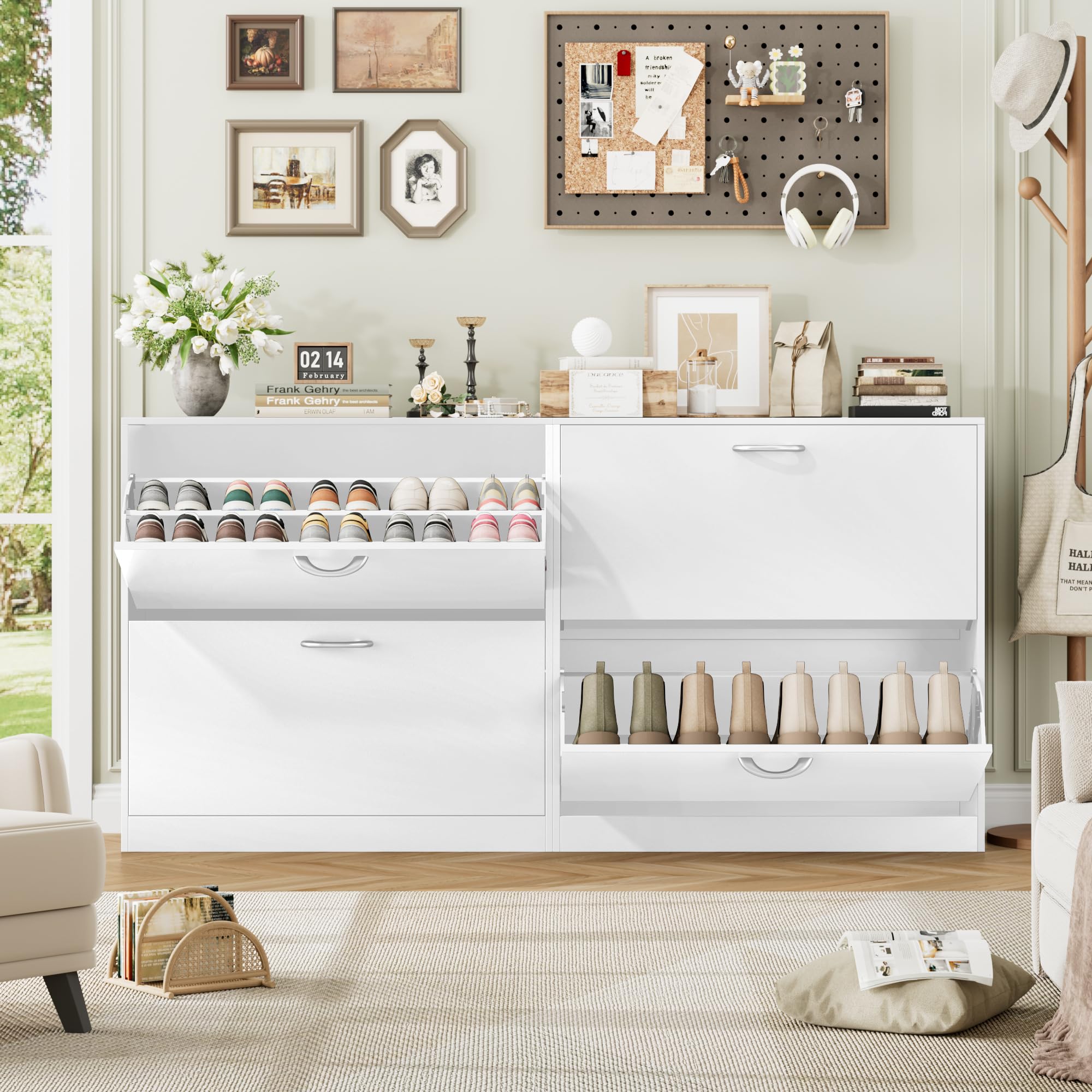 FirFurd Scarpiera Portascarpe,Scarpiera Slim Salvaspazio con 2 Ante a Ribalta,Divisore Regolabile e Rimovibile,per 12 Paia di Scarpe 80x23.5x80cm Bianco
