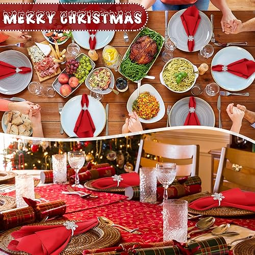Miniatura 5 de Juego de 24 servilletas y anillos de Navidad, 12 servilletas de Navidad lavables de color rojo y 12 servilleteros de Navidad para cenas navideñas