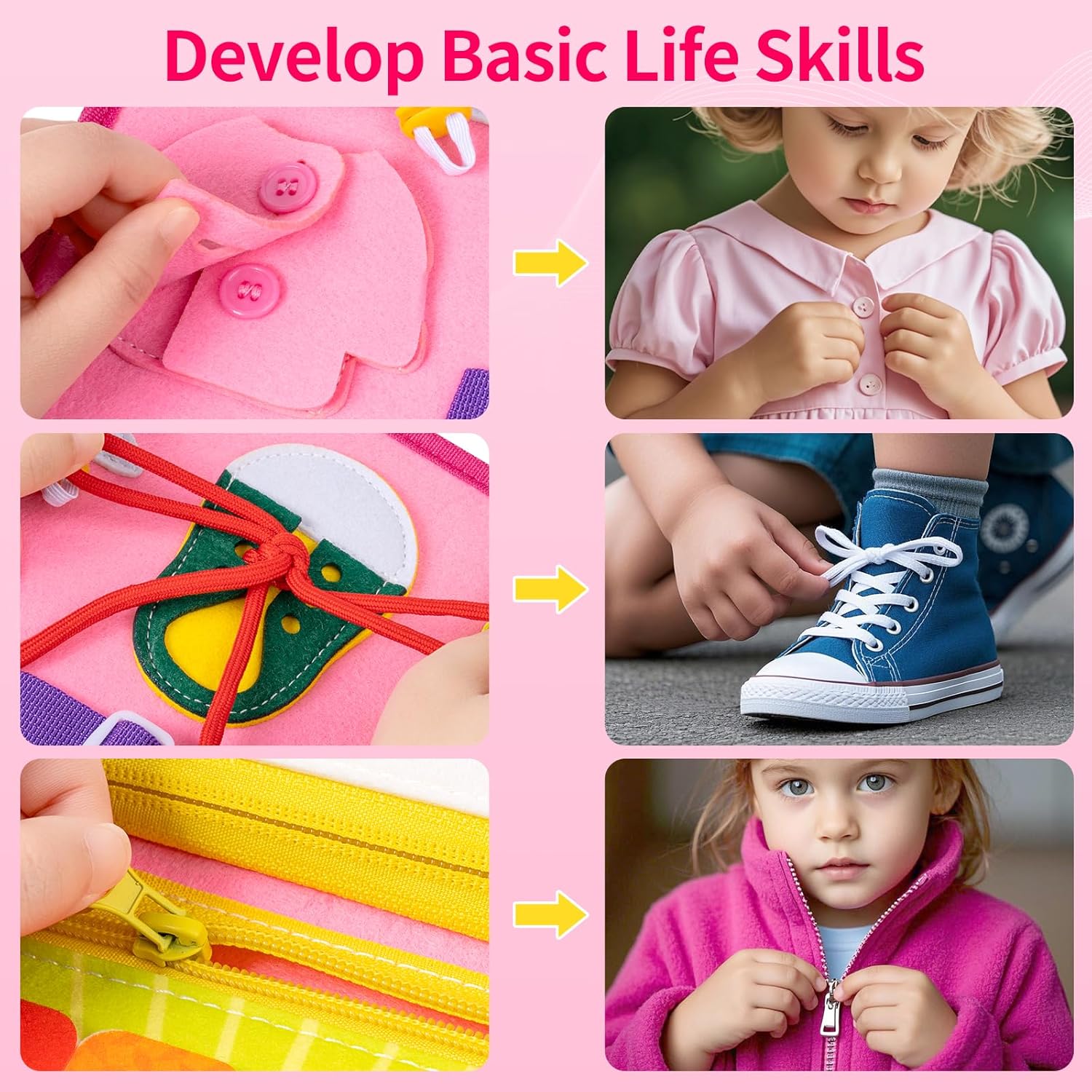 Toddler Busy Board, Montessori Busy Book for Toddlers, 12-Page Quiet Educational Activity Book, Learning Sensory Toys for Motor Skills, Travel Toy for Car Airplane, Girl Kids Birthday Gifts (Pink)