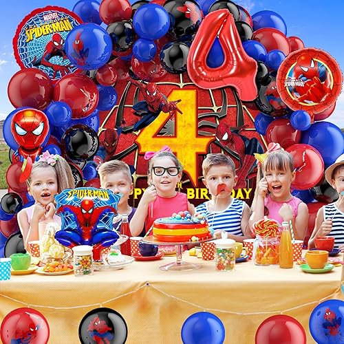Miniatura 6 de 126 piezas de suministros para fiesta de cumpleaños de 4 cumpleaños, kit de arco de guirnalda de globos de araña, incluye arco de globos de araña,