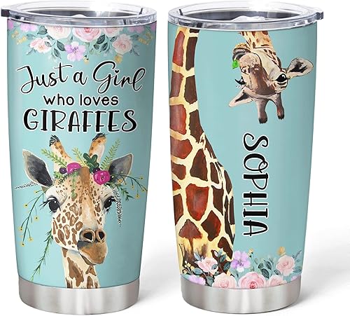 Hyturtle Regalos personalizados para los amantes de las jirafas, cumpleaños o Navidad, vaso de acero inoxidable con nombre personalizado de Just a