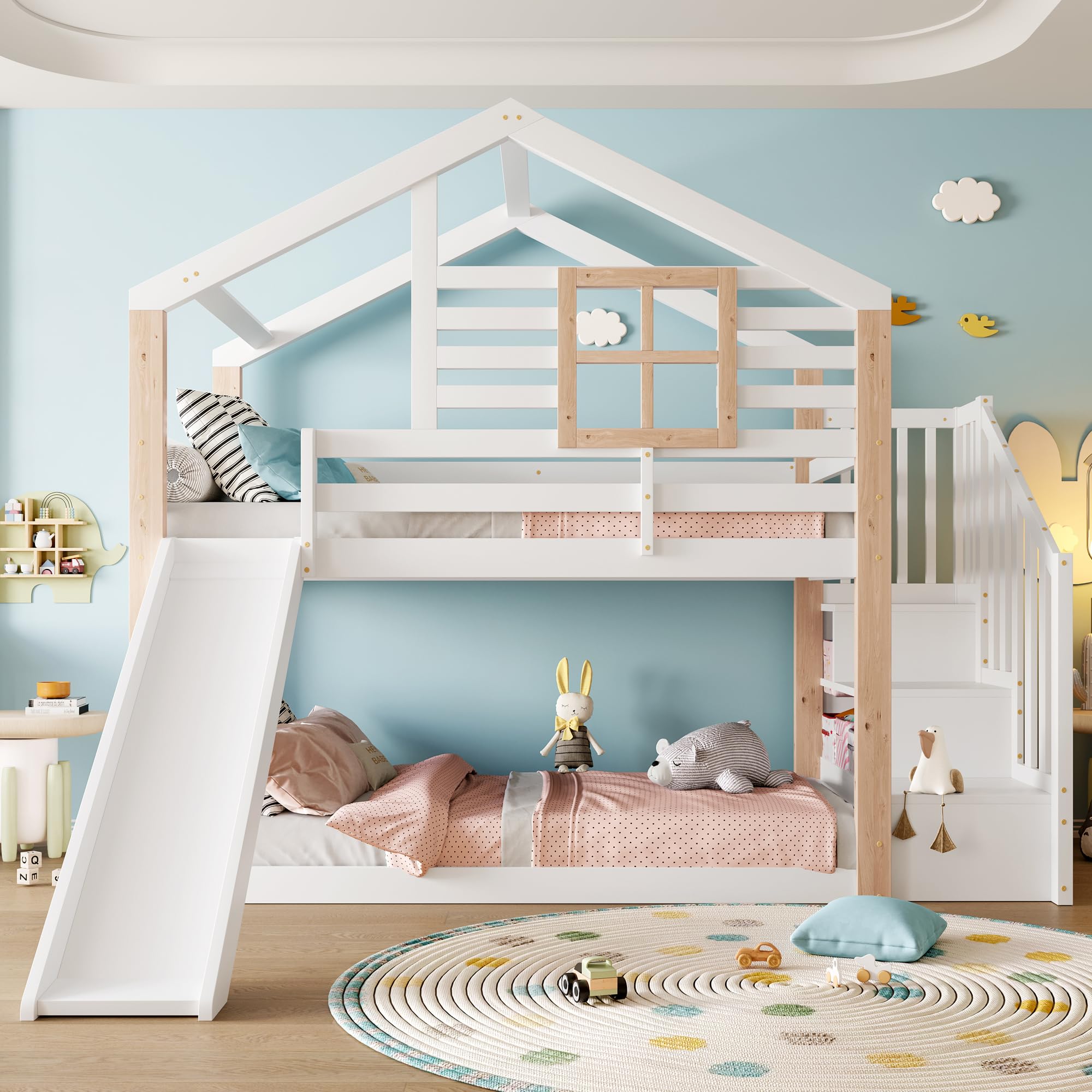 Zepneiy Lit Cabane Enfants 90x200 avec Toboggan et fenêtre, Lit Superposé 2 Places avec Rampe et Espace de Rangement, pour Les frères et sœurs, en Bois Massif Blanc (sans Matelas)