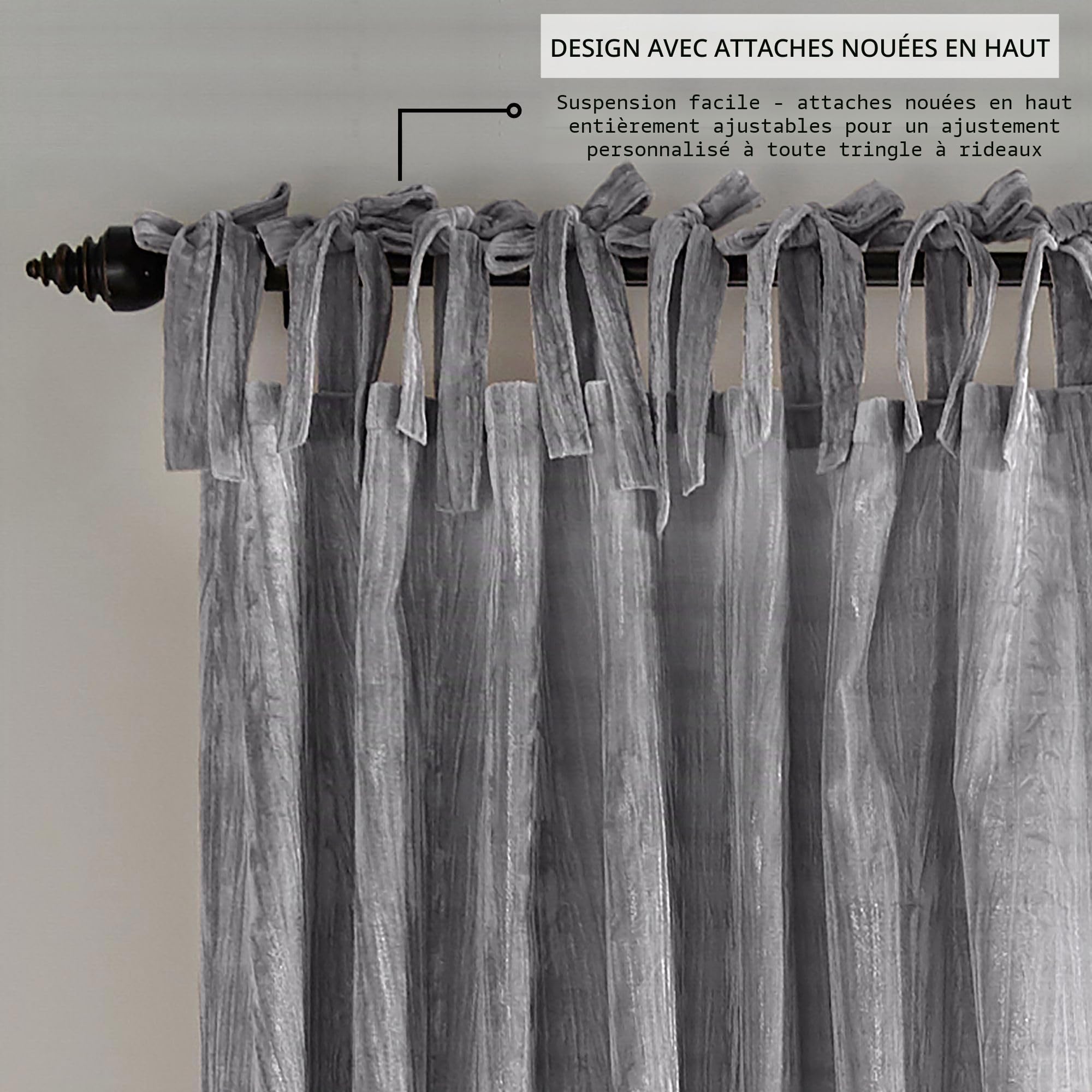 Elrene Home Fashions Korena Rideau de fenêtre en Velours écrasé à Nouer – Rideau Rustique Chic pour Salon ou Chambre à Coucher – 132,1 x 241,3 cm – Gris – 1 Panneau