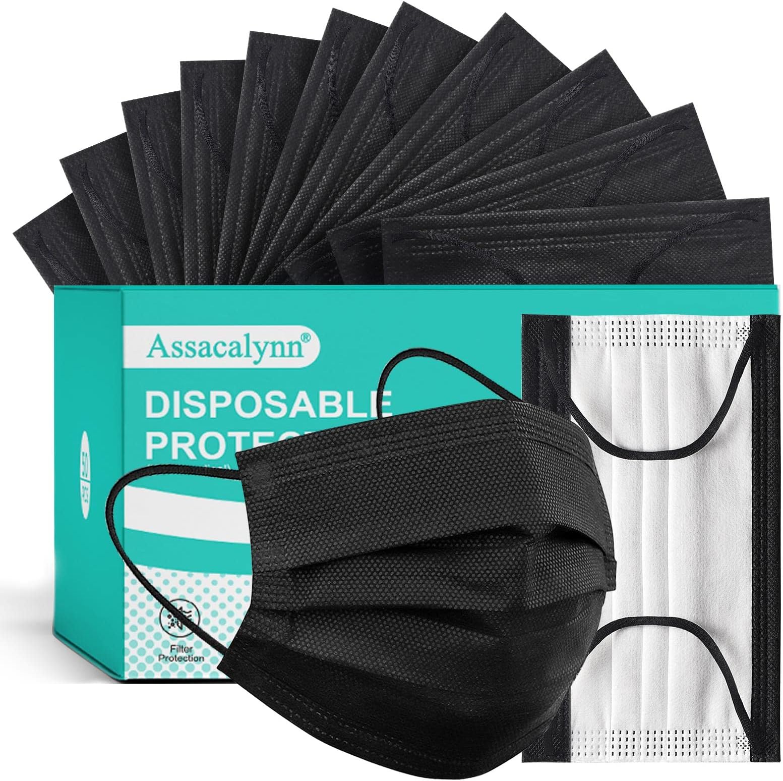 Disposable Mask 4 Layer 2023 Black Mask with White Inside, Breathable Single Use Dust Mask with Wider Soft Earloops for Adult Men Women Box 50 Pack