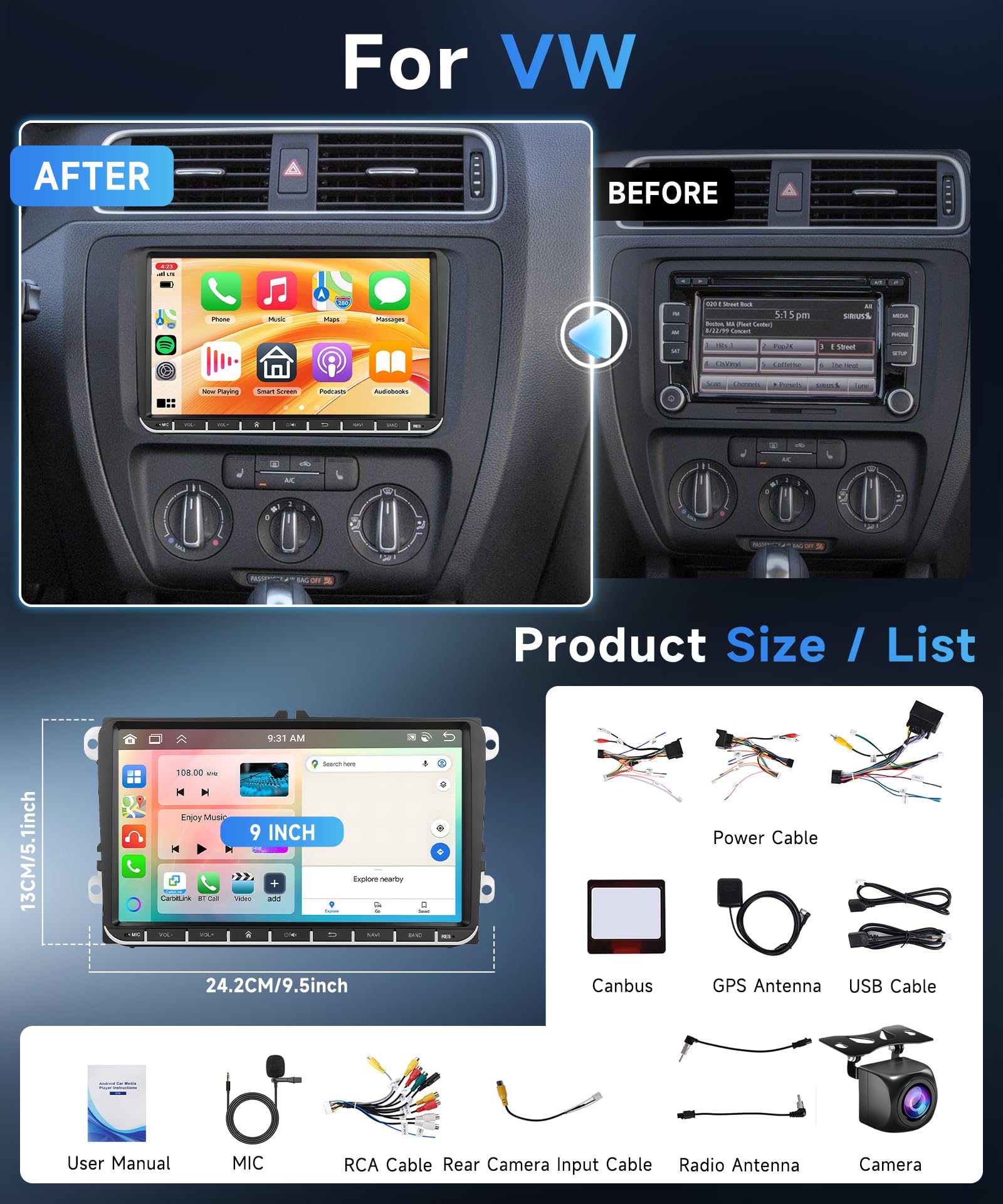 8 Core 6 + 128G 9" Android radio samochodowe do VW Golf 5 6 Passat Polo Tiguan Touran Caddy Skoda Seat z 52-pinowym ISO bezprzewodowy Carplay Android Auto WiFi GPS FM/RDS/DSP sterowanie kierownicą