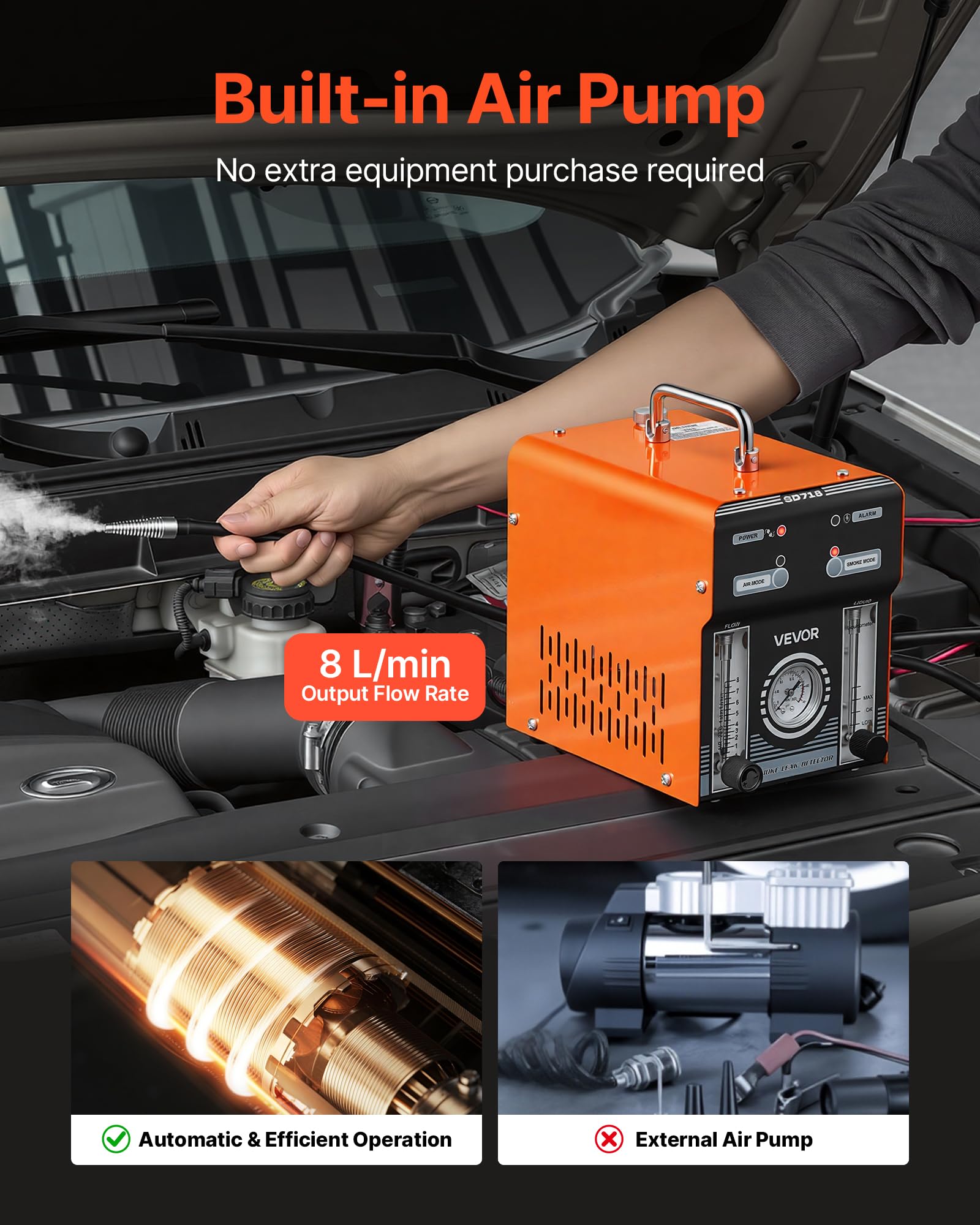VEVOR Macchina Rilevatore di Perdite di Fumo EVAP per Auto, Rilevatore di Fumo con Pompa ad Aria Flussometro Manometro di Perdite per Moto Camion, Attrezzi per Rilevamento 1,6 Bar Set di Adattatori
