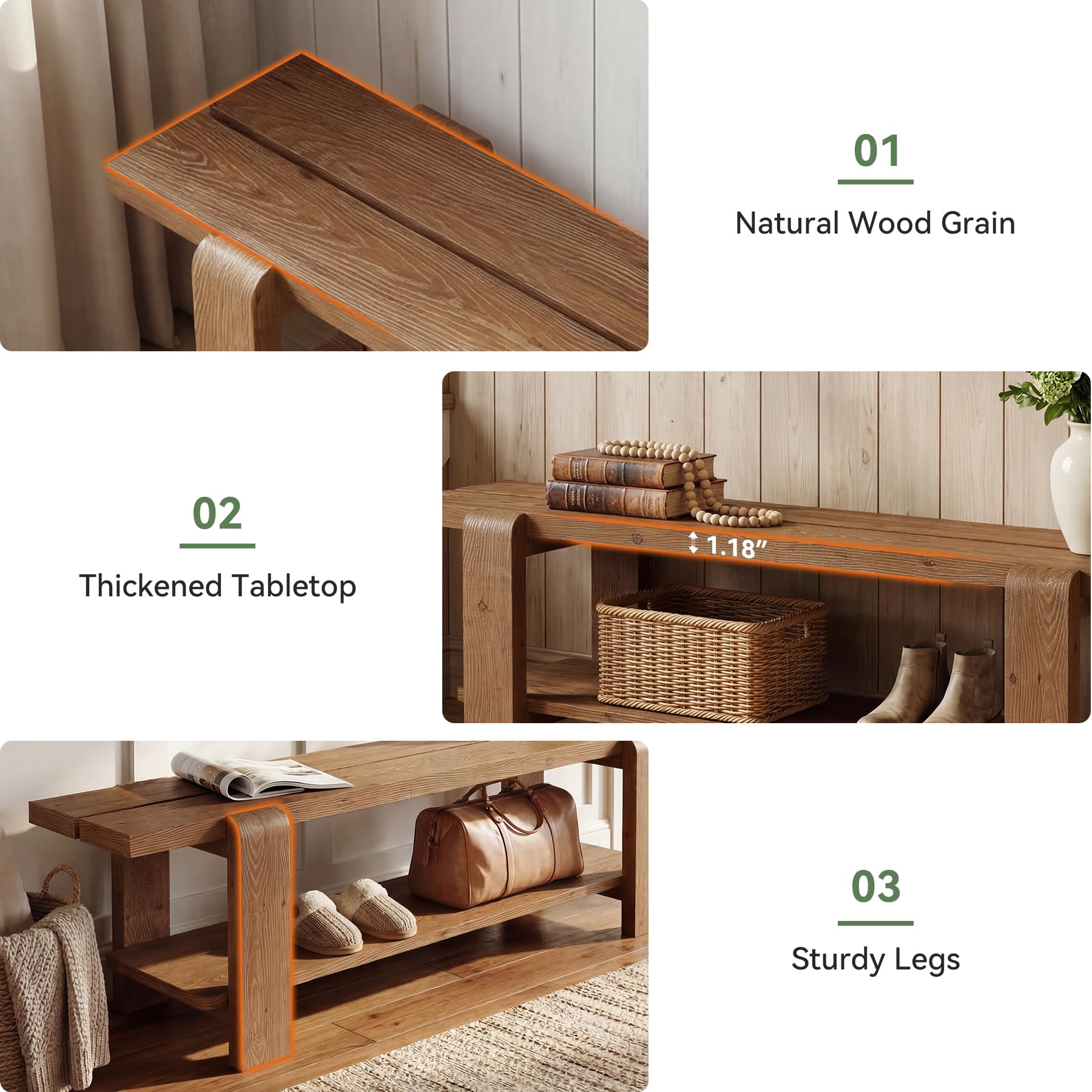 Solid Wood Entryway Bench with Shoe Storage Shelf, 63-Inch Long Farmhouse Entry Shoe Bench, End of Bed Bench for Bedroom, Hallway, Living Room, Mudroom, Rustic Brown