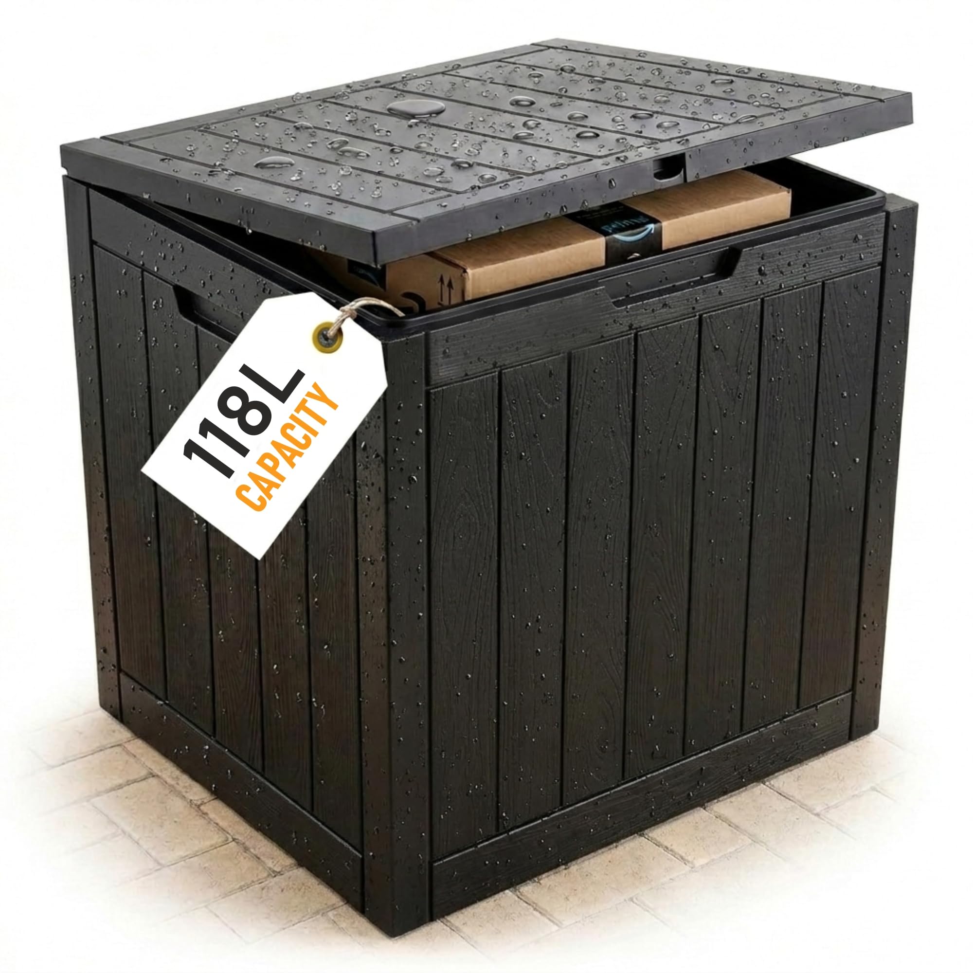 Olsen & Smith Anthracite 118L Recycled Lockable Outdoor Garden Storage Box & Parcel Box – Weatherproof & Waterproof Chest With Padlock & Sit-On Lid – Cushions, Tools, Toys & Garden Furniture