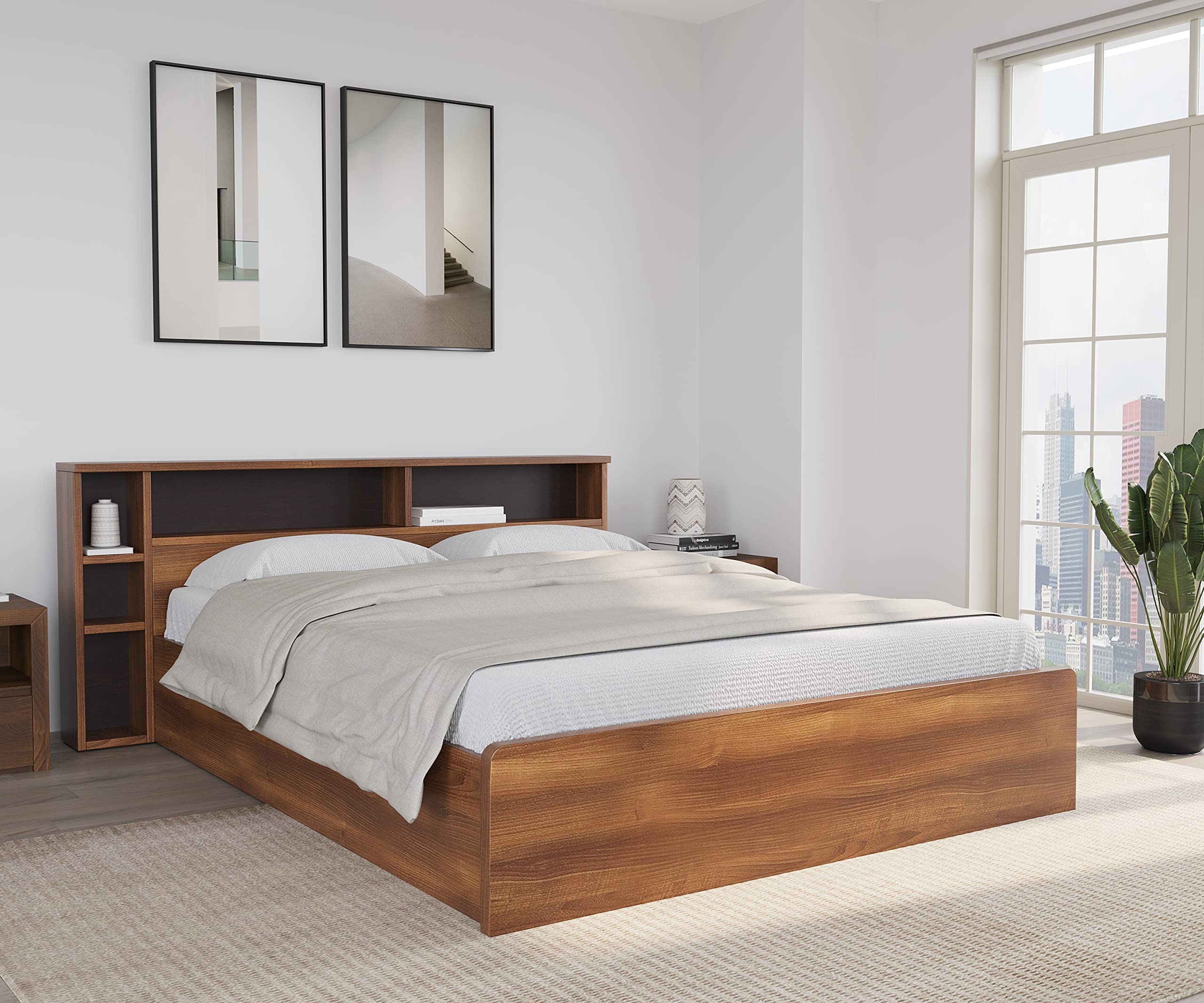 Buy home Torrie Engineered Wood Queen Bed with Headboard & Box Storage (Classic Walnut) 1