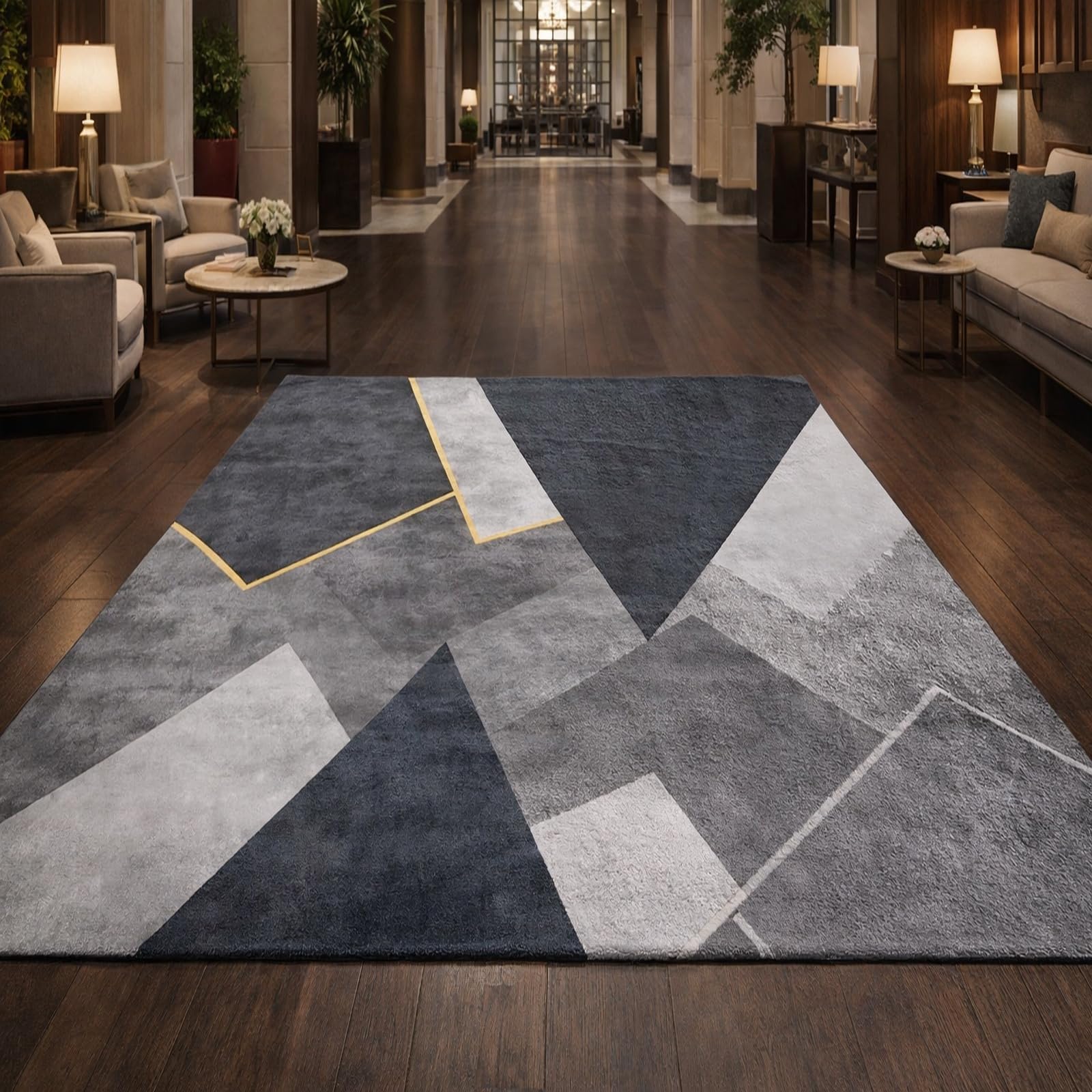 Tapis géométrie moderne grise lavable carré 150x150cm salon