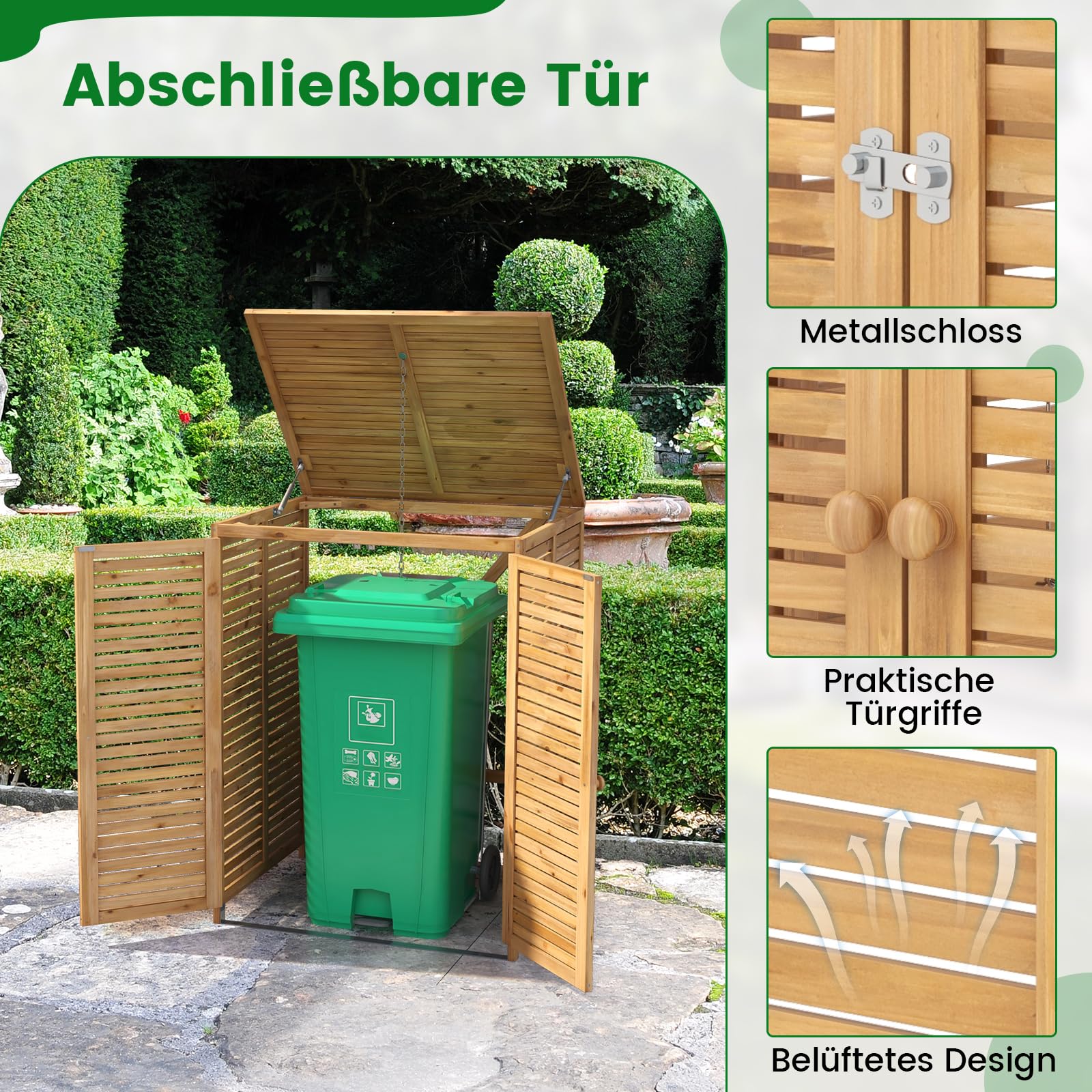 RELAX4LIFE Contenedor de Basura de Madera para 1 Tonelada 120 L, Revestimiento de Contenedores de Basura 86 x 70 x 114 cm, Casa de Cubos de Basura con Tapa y Puertas Dobles (Natural)