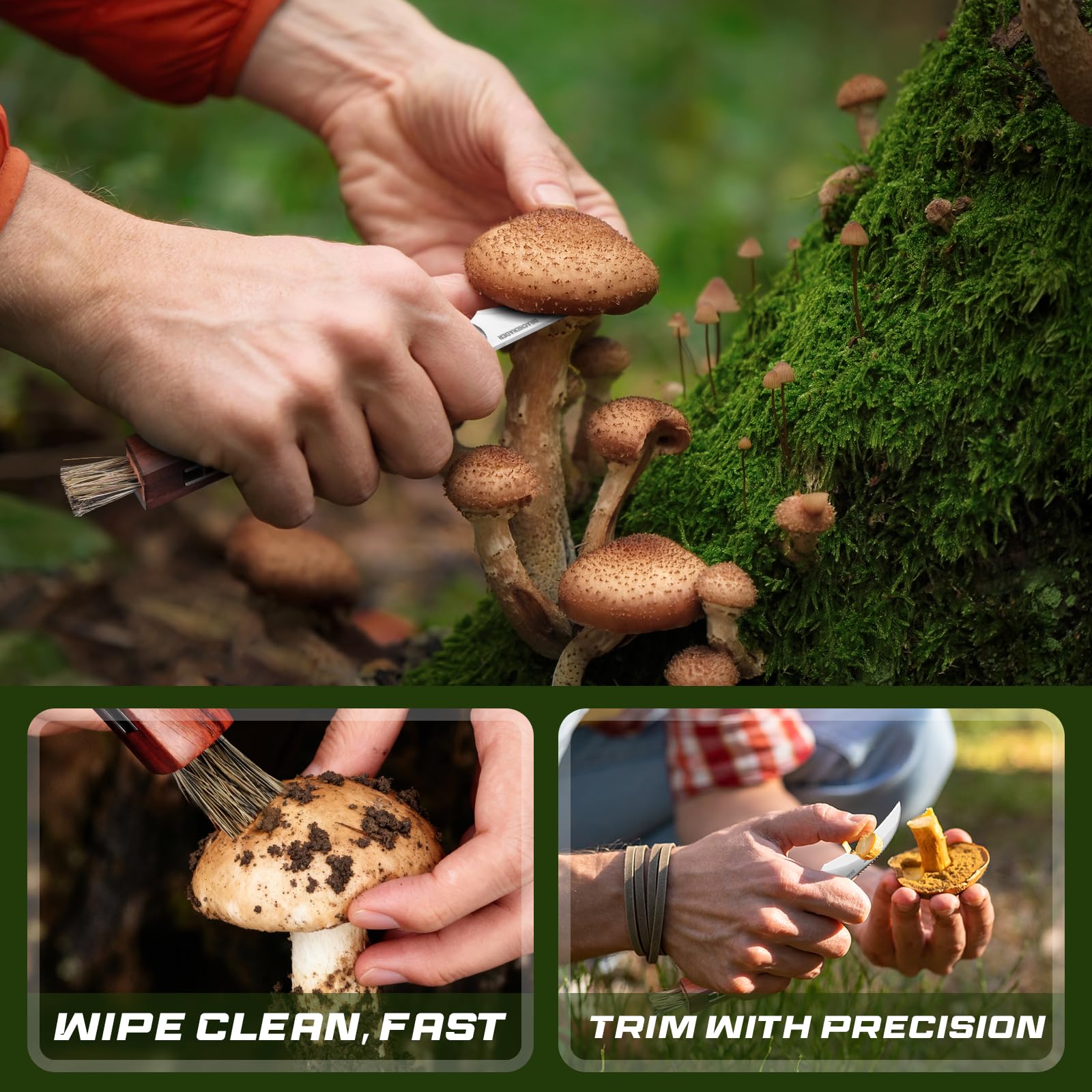 DRACHENADER Couteau Champignon, Panier Champignon – Couteau à Champignons avec Brosse Intégrée, Sac à Champignons Pliable et Respirant avec Filet, Bandoulière Réglable
