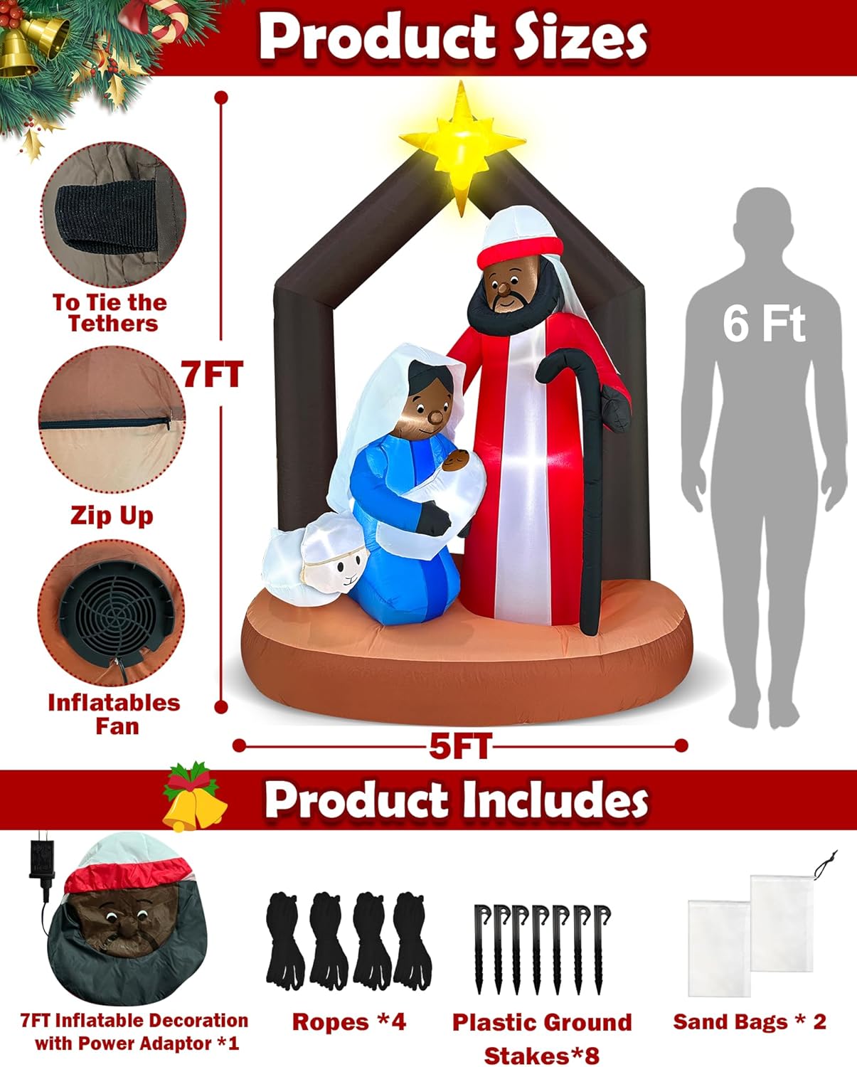 Black Santa Christmas Decorations, 7 Ft Tall 5 Ft Long African American Christmas Inflatable Black Nativity Scene Outdoor Decoration, Blow Up Jesus Manger Set with Built-in LEDs Xmas Decor Yard Lawn