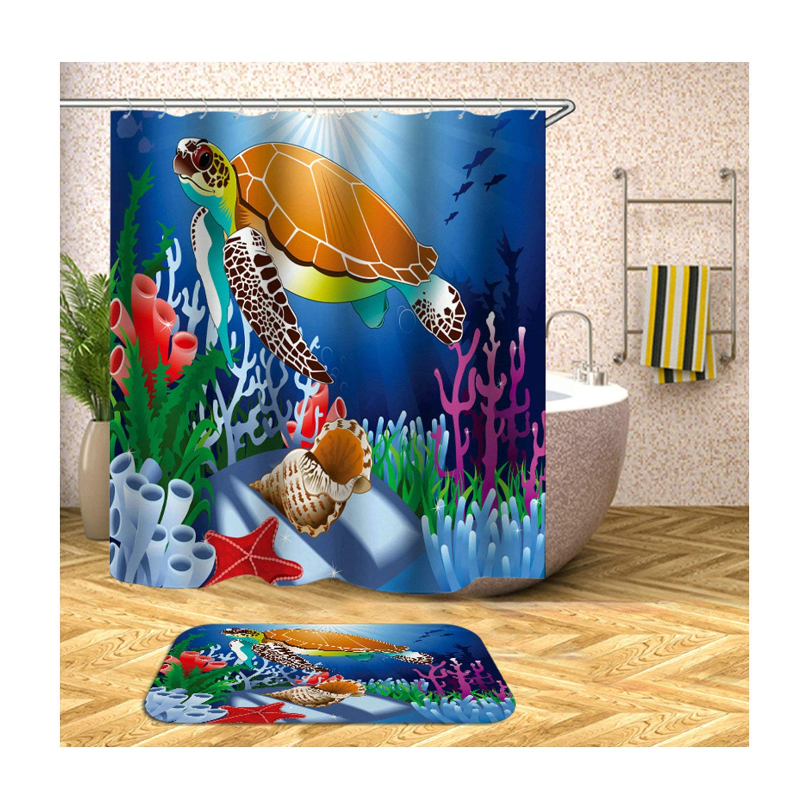 KnSam - Alfombrilla de baño para Cortina de Ducha, Impermeable, antimoho, Tortuga y Shell, 165x200CM