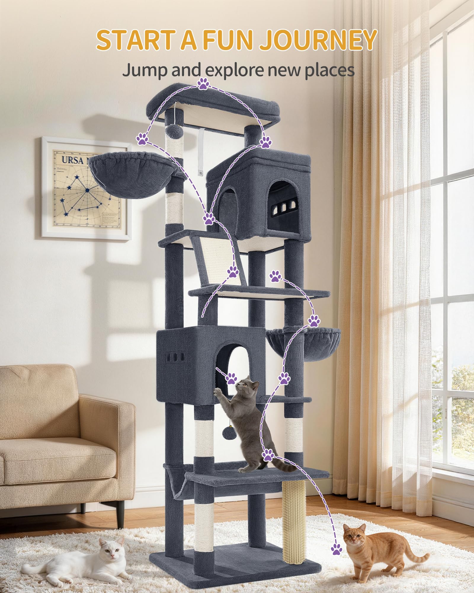 Hzuaneri Árbol para Gatos Grande, Torre para Gatos de Interior 213 cm con 2 Plataformas Grandes, 2 Cuevas, 2 Cestas, Hamaca y 5 Postes Rascadores, para Todas Las Razas, Gris Oscuro, MS21318SG