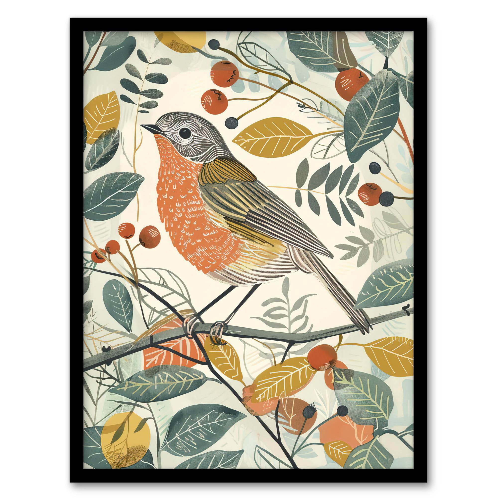 Artery8 Robin Bird Garden Shrub Leaves Bright Painting Living Room Artwork Framed Wall Art Print A4