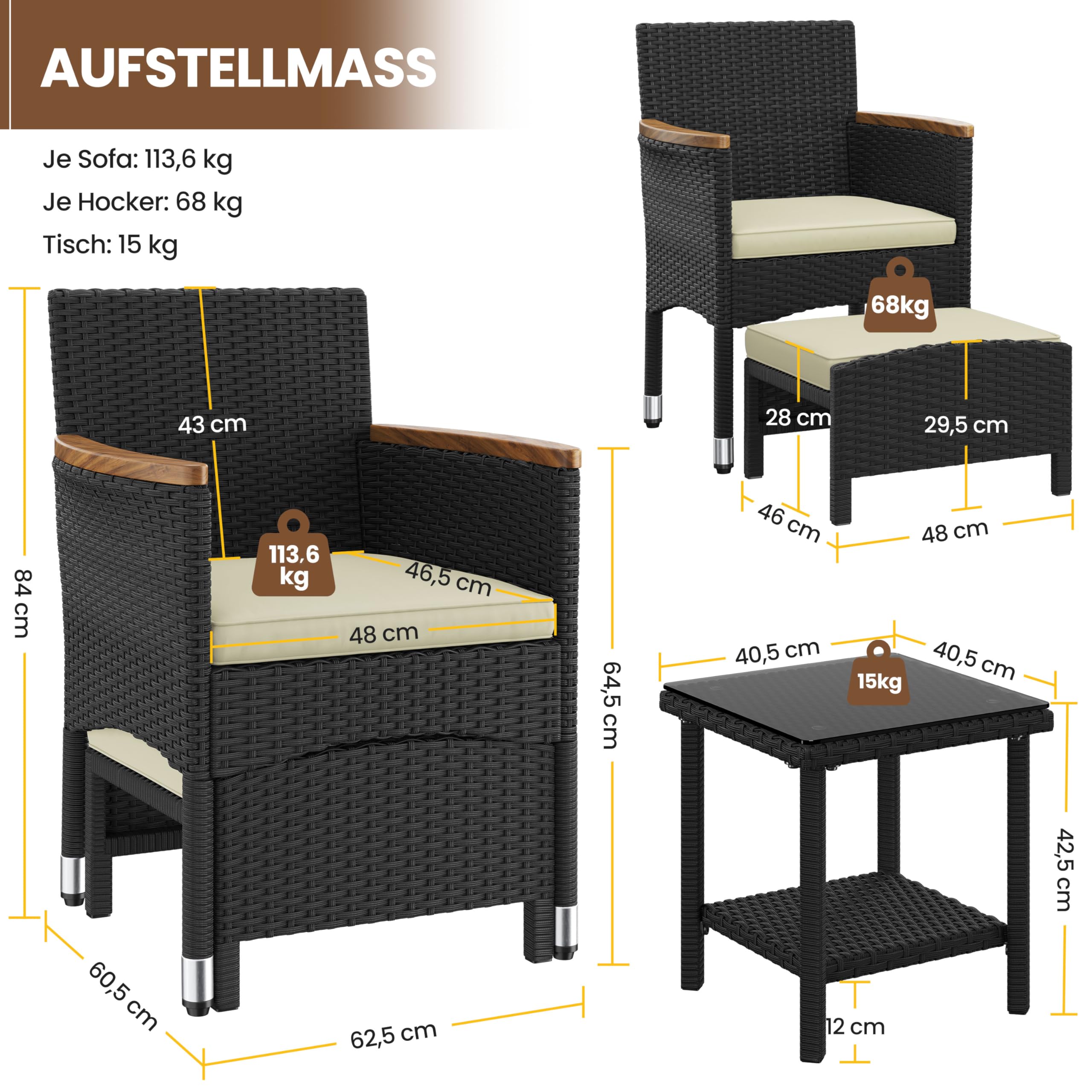 Yaheetech 5er Set Rattan Gartenmöbel Balkonmöbel Terassenmöbel Außen Kleiner Balkon mit 2 Einzelsofas & 2 Fußhocker & 1 Kaffeetisch, Schwarz & Beige